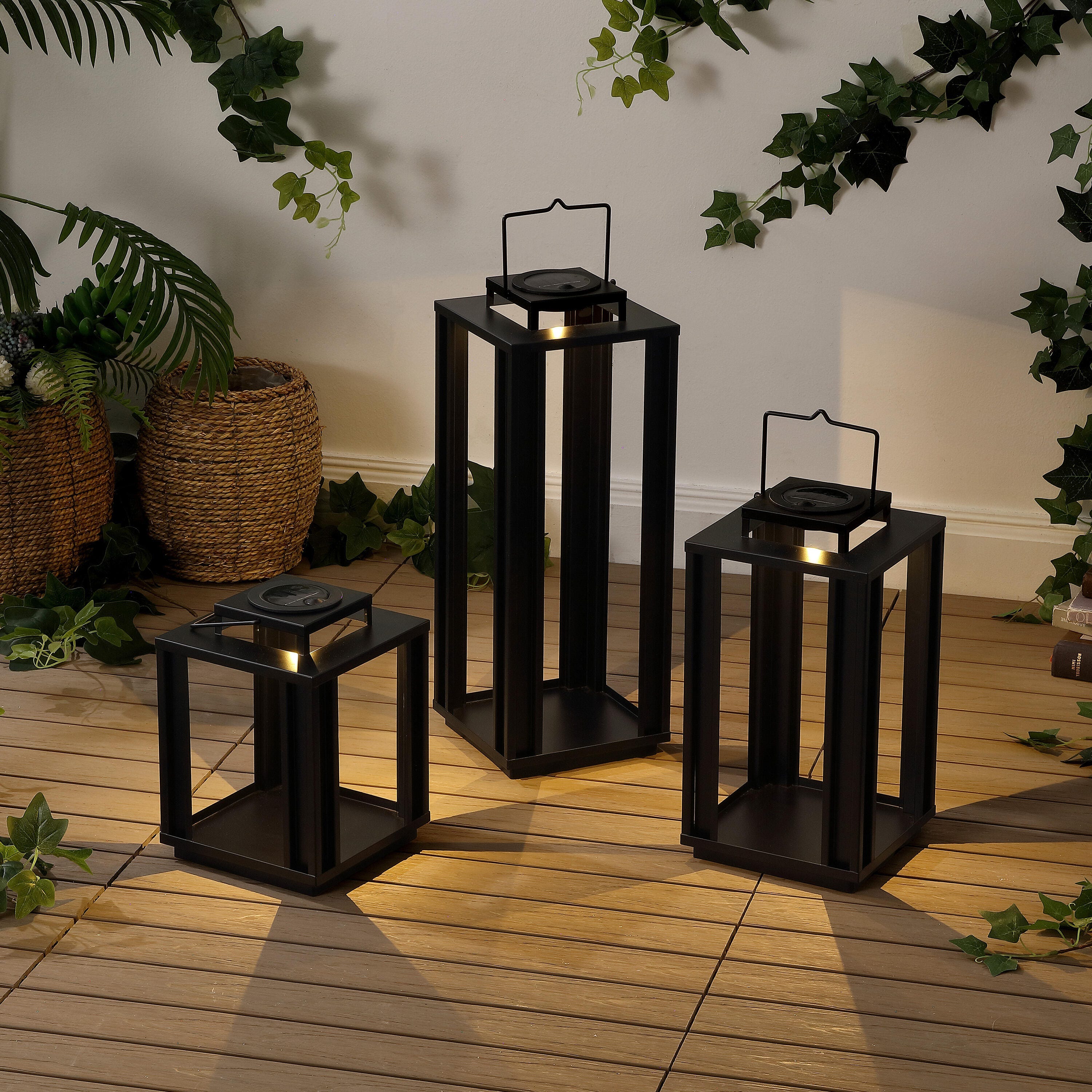JONATHAN Y Leland 3-Piece Lantern, Black, rollover