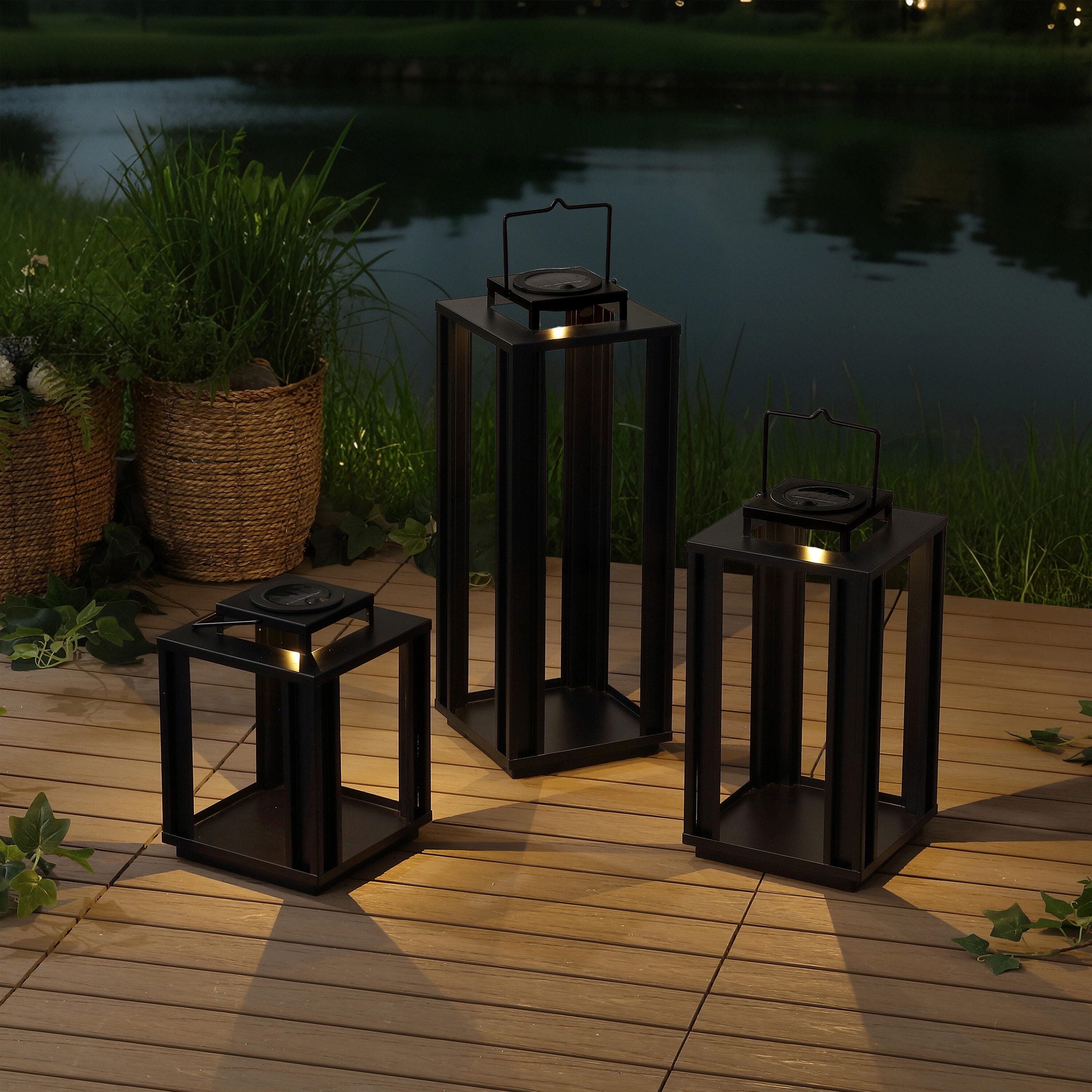 JONATHAN Y Leland 3-Piece Lantern, Black, large