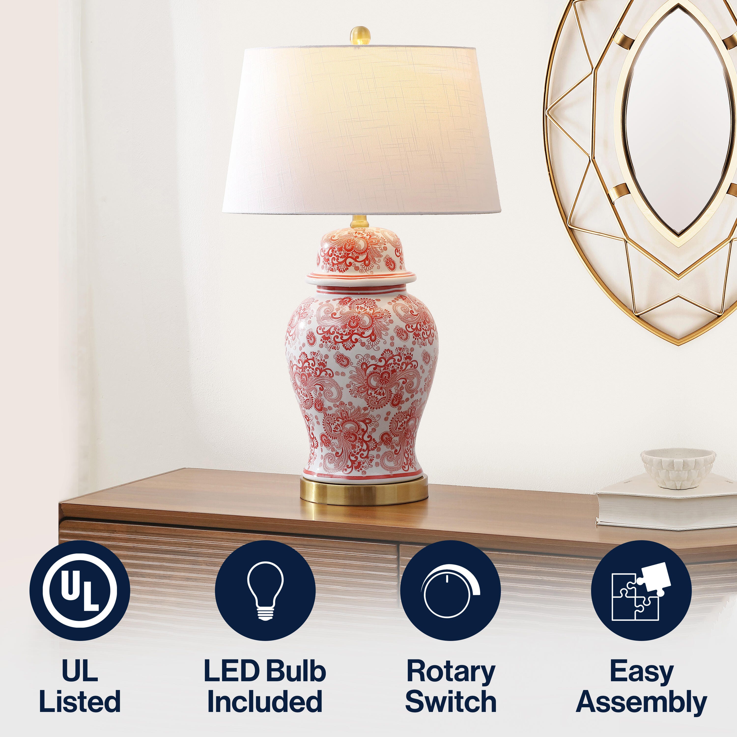 JONATHAN Y Ellis Table Lamp, Red/White, large