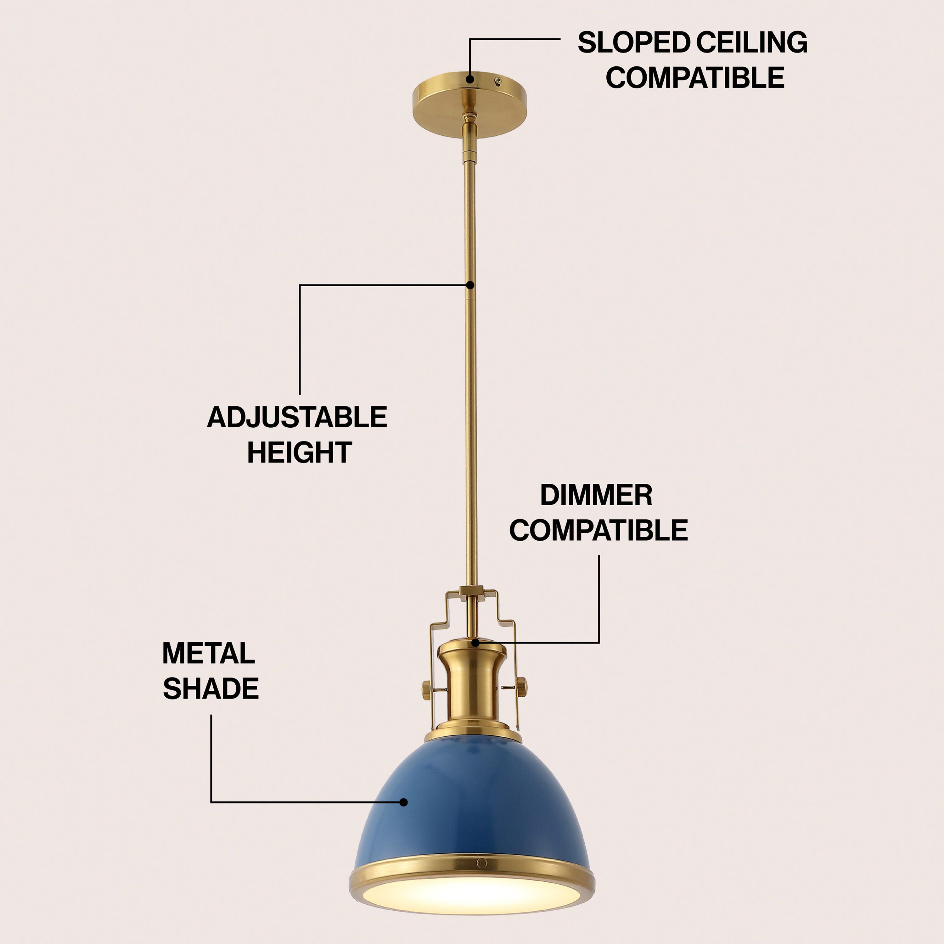JONATHAN Y Homer Pendant Light, Brass Gold/Navy, large