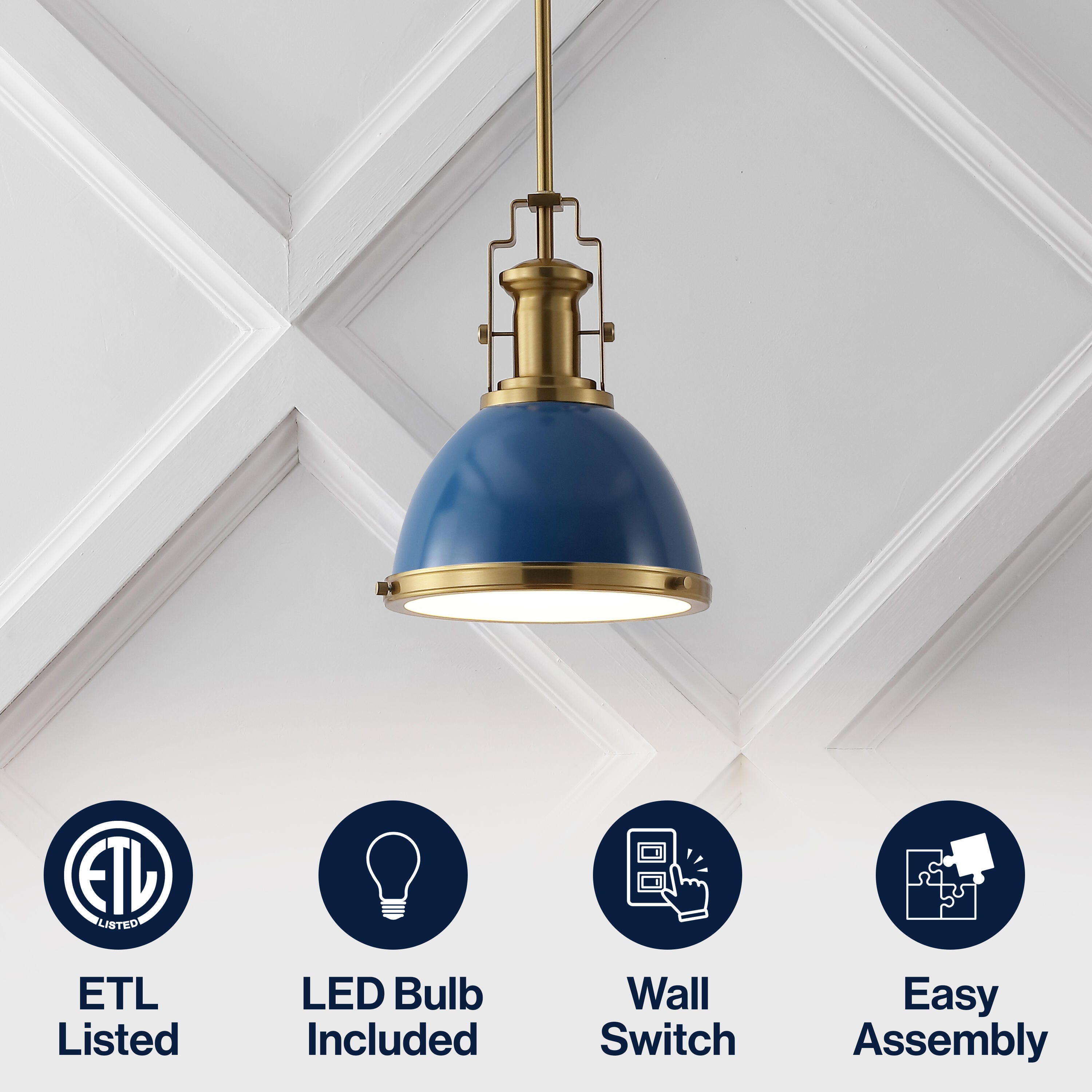 JONATHAN Y Homer Pendant Light, Brass Gold/Navy, large