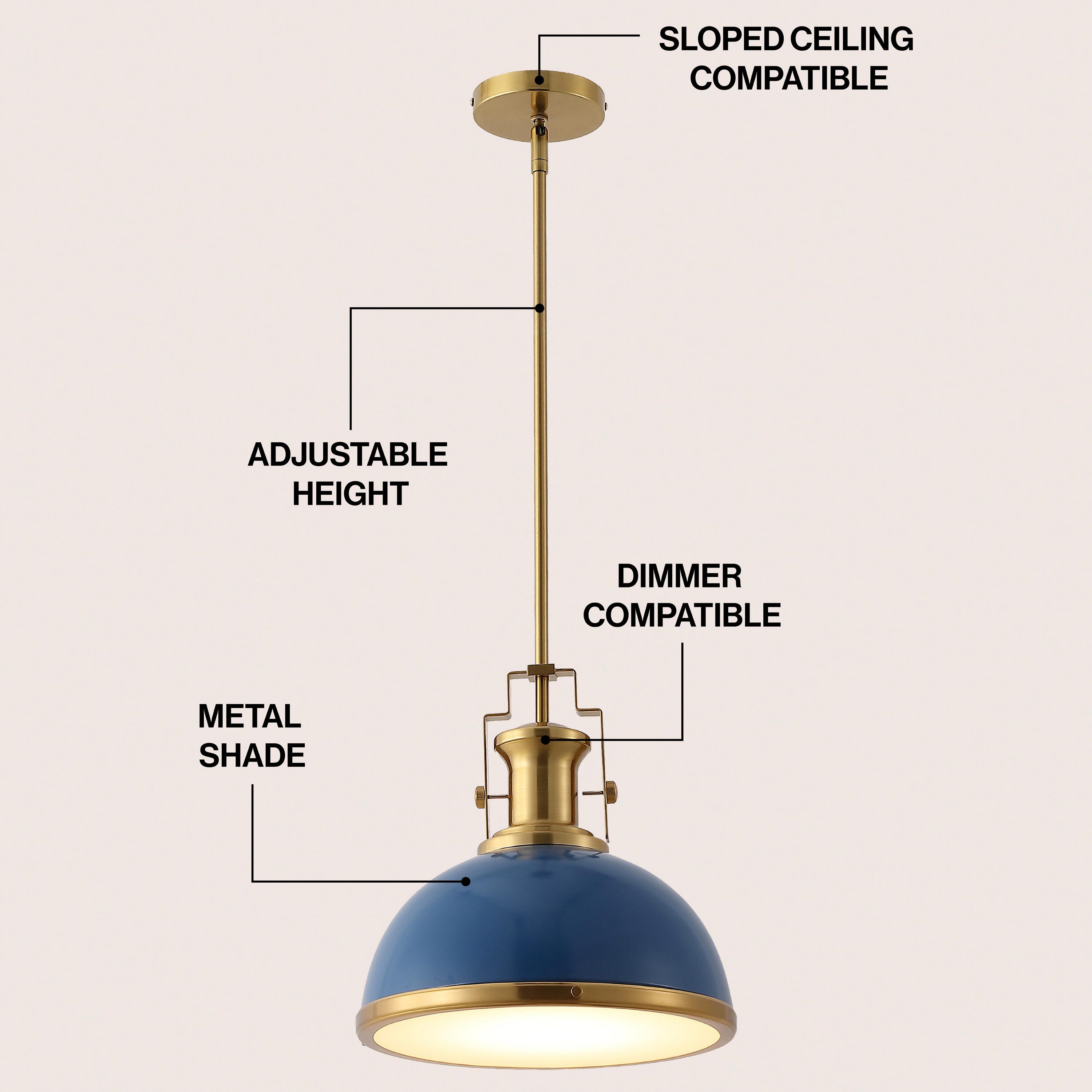 JONATHAN Y Homer Dome Pendant Light, Navy/Brass Gold, large