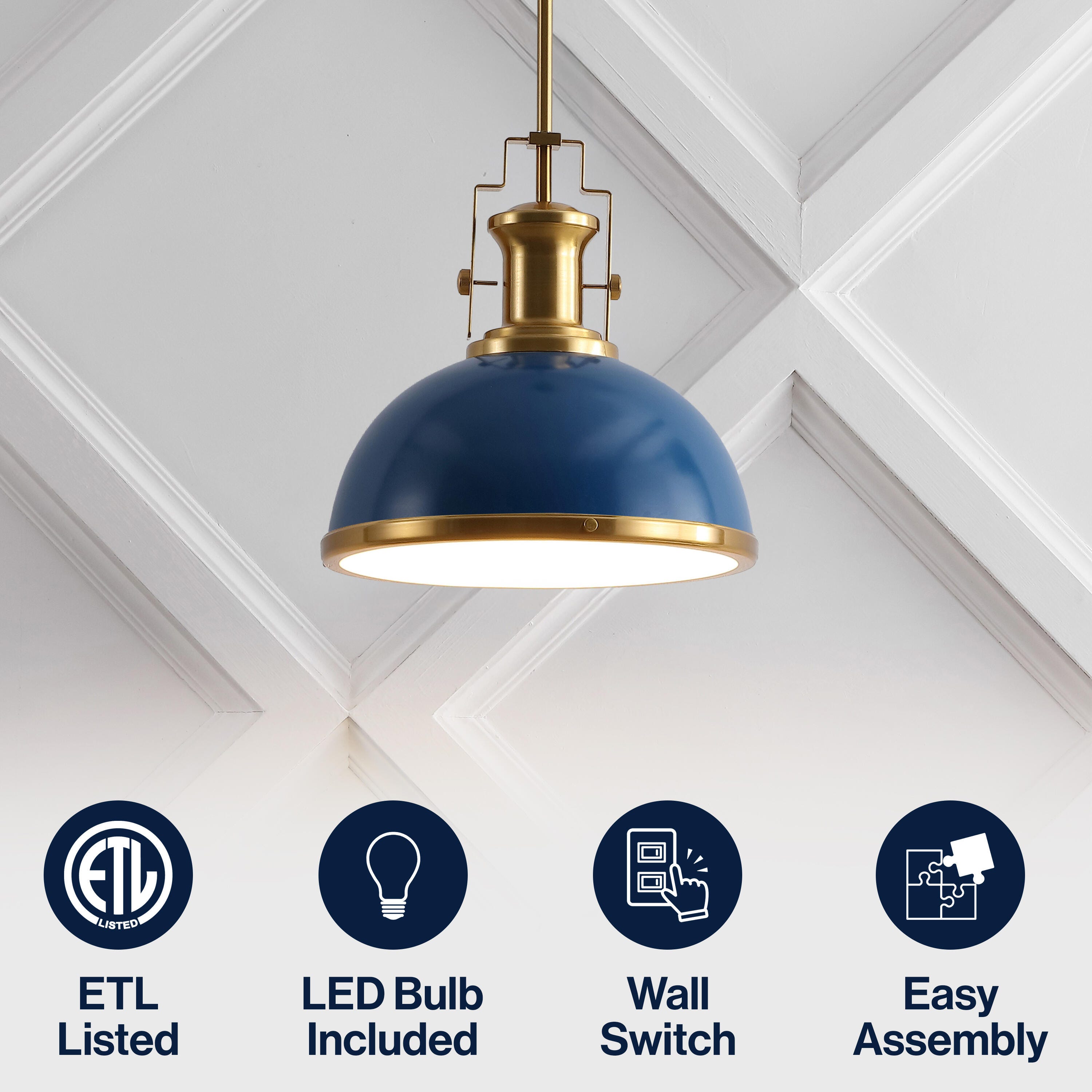 JONATHAN Y Homer Dome Pendant Light, Navy/Brass Gold, large