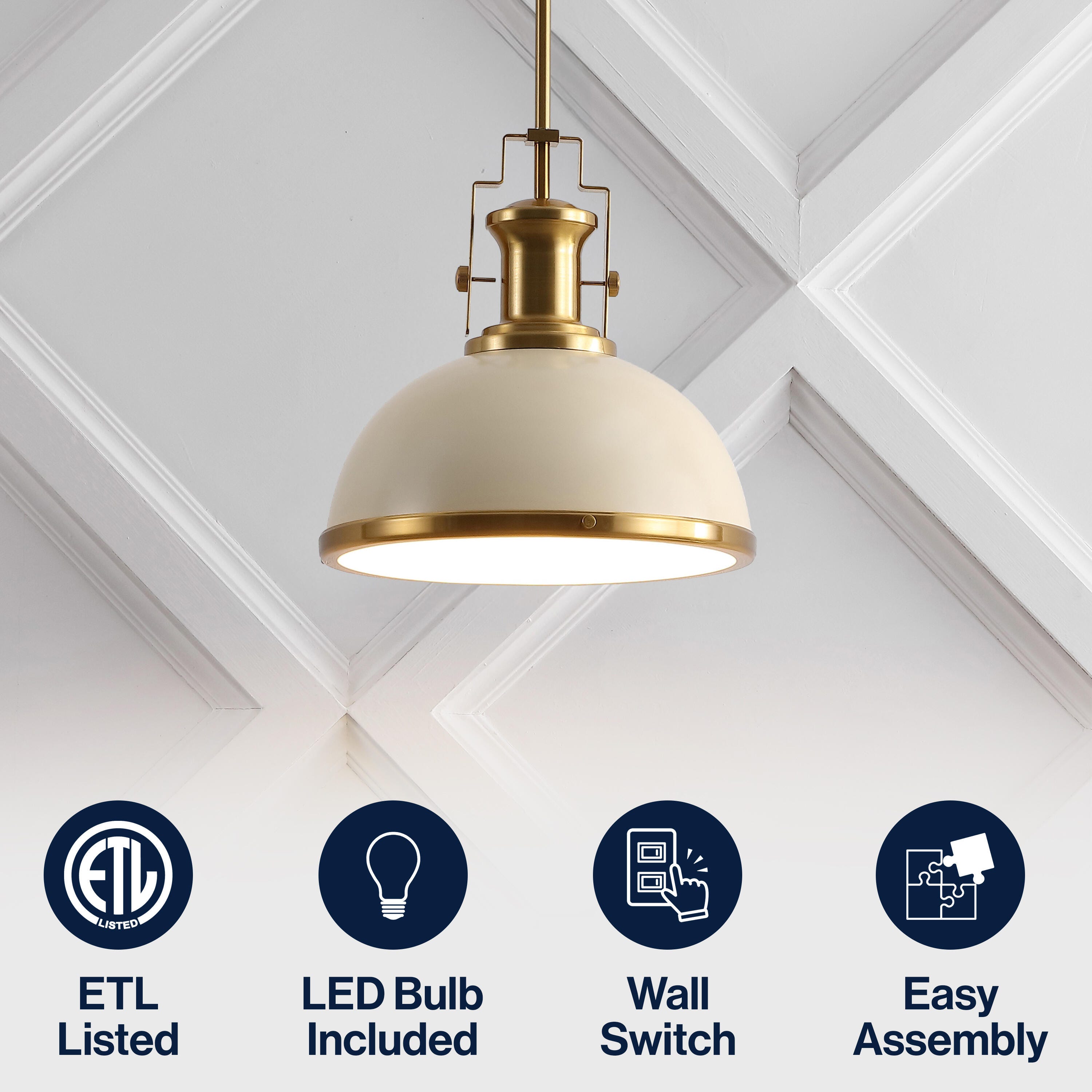 JONATHAN Y Homer Dome Pendant Light, Almond/Brass Gold, large
