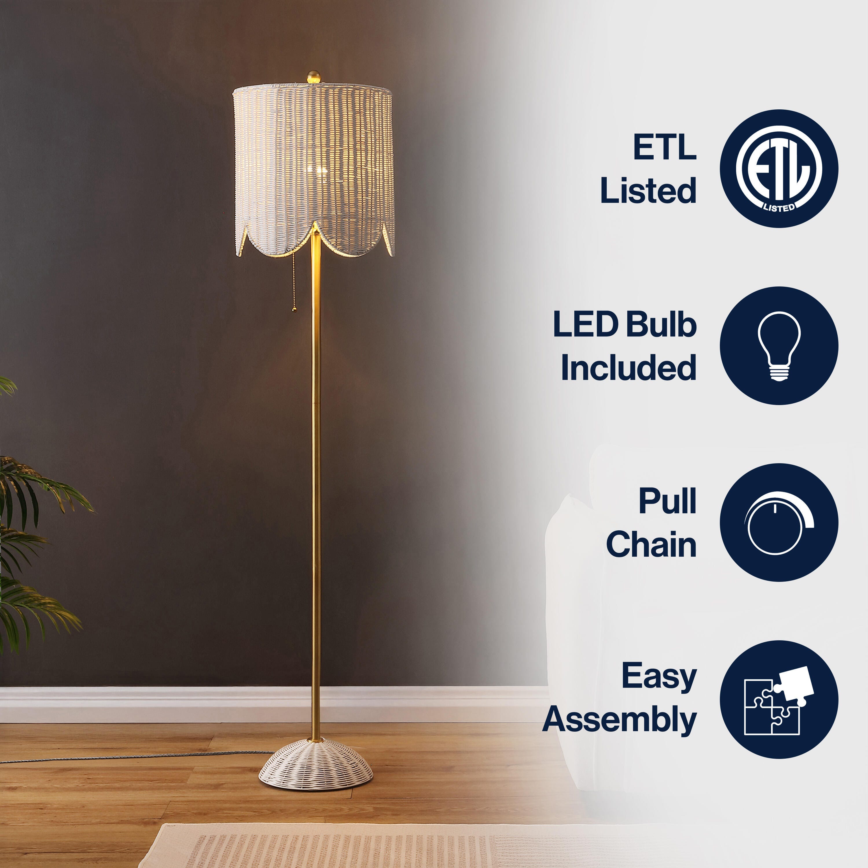 JONATHAN Y Joel Floor Lamp, White/Brass Gold, large