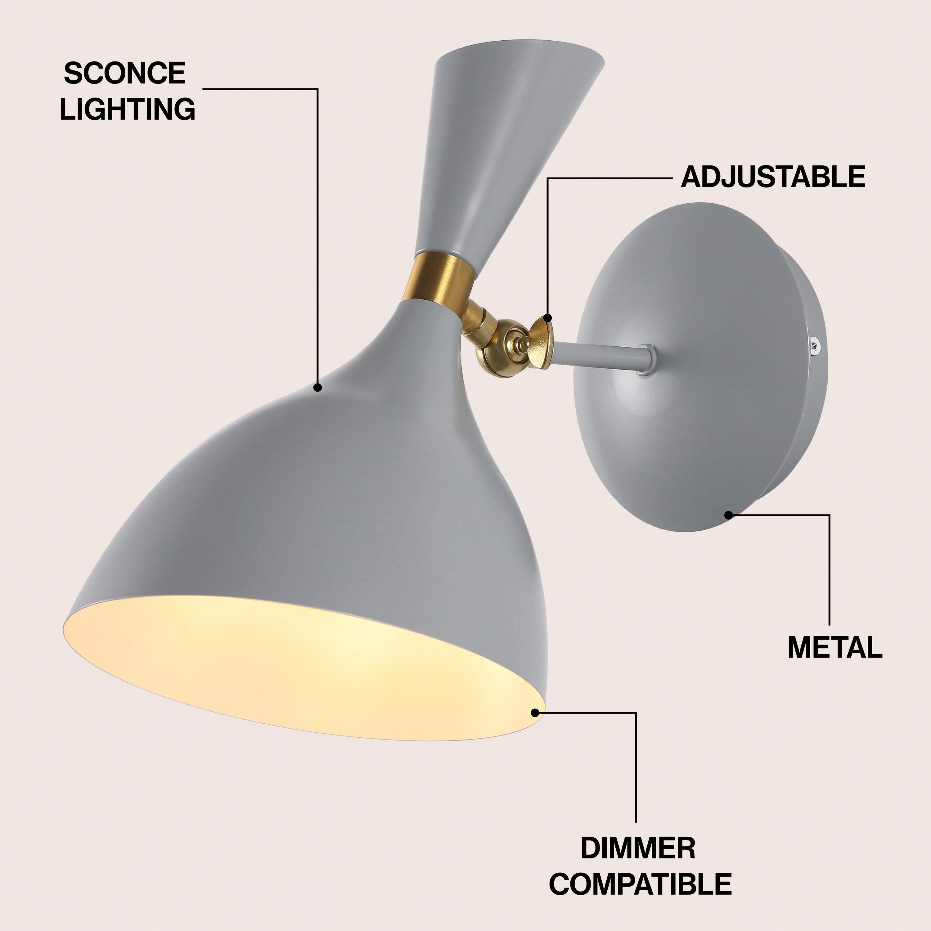 JONATHAN Y Josef Wall Sconce, Gray/Brass Gold, large