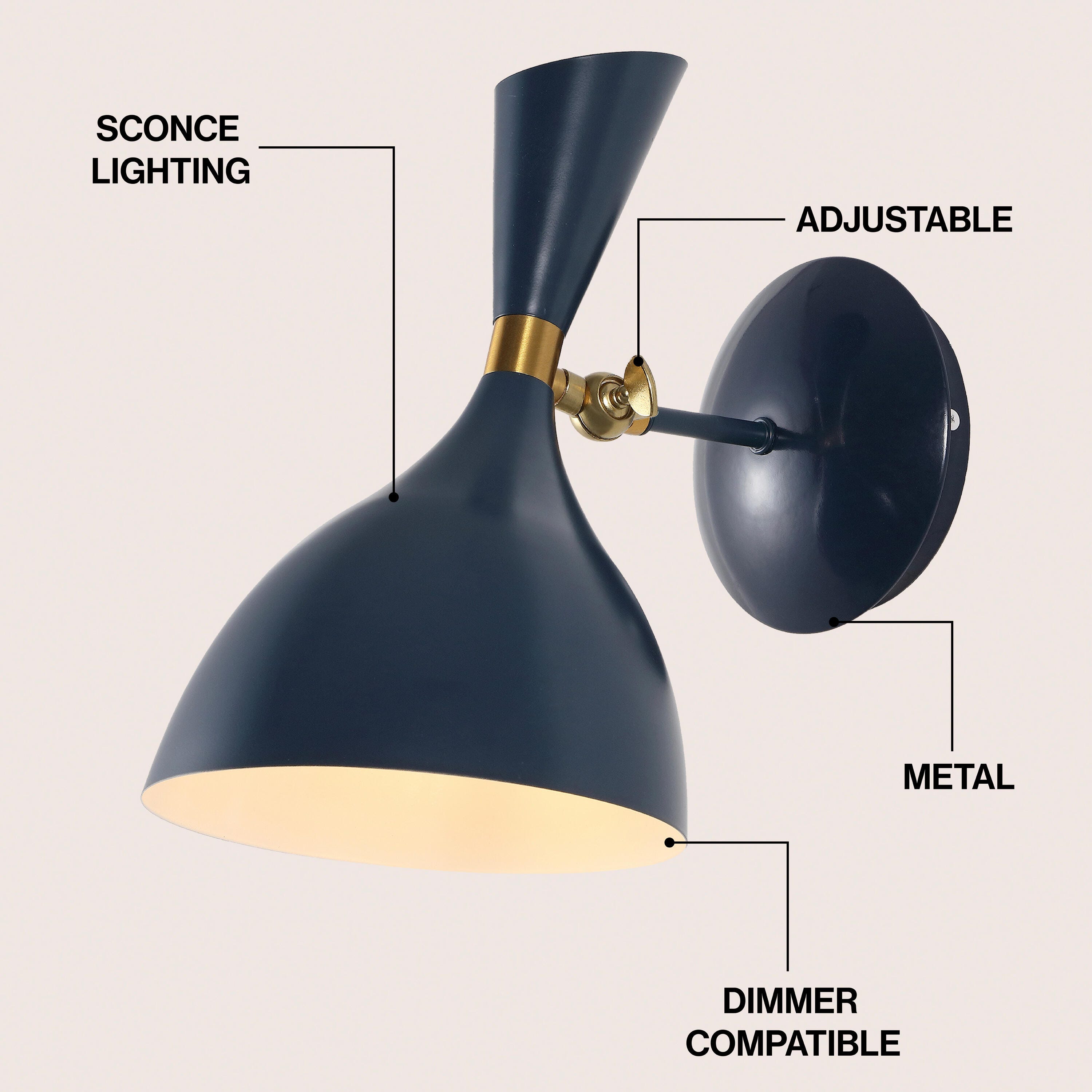 JONATHAN Y Josef Wall Sconce, Navy/Brass Gold, large