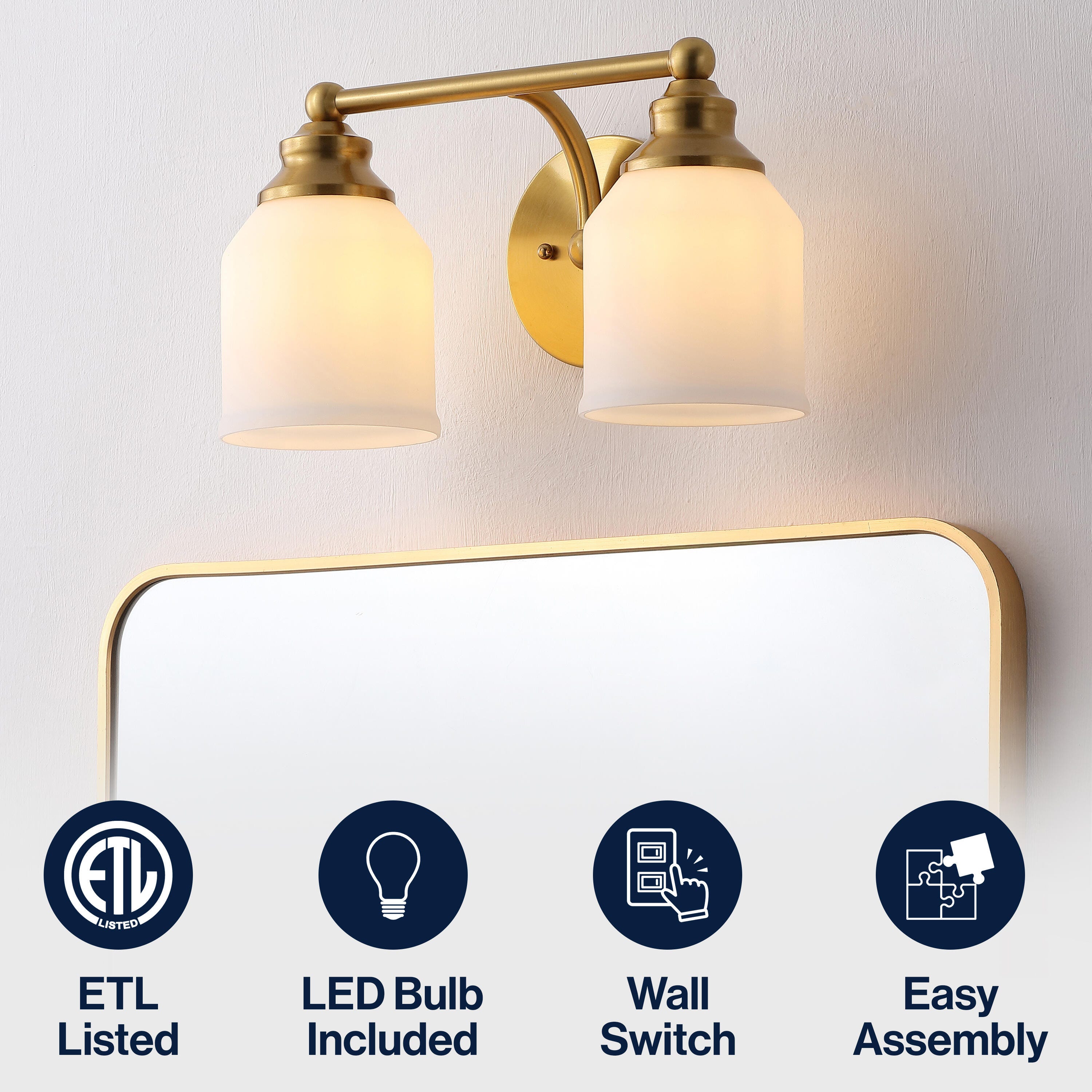 JONATHAN Y Lydia 2-Light Scone, Brass Gold/White, large