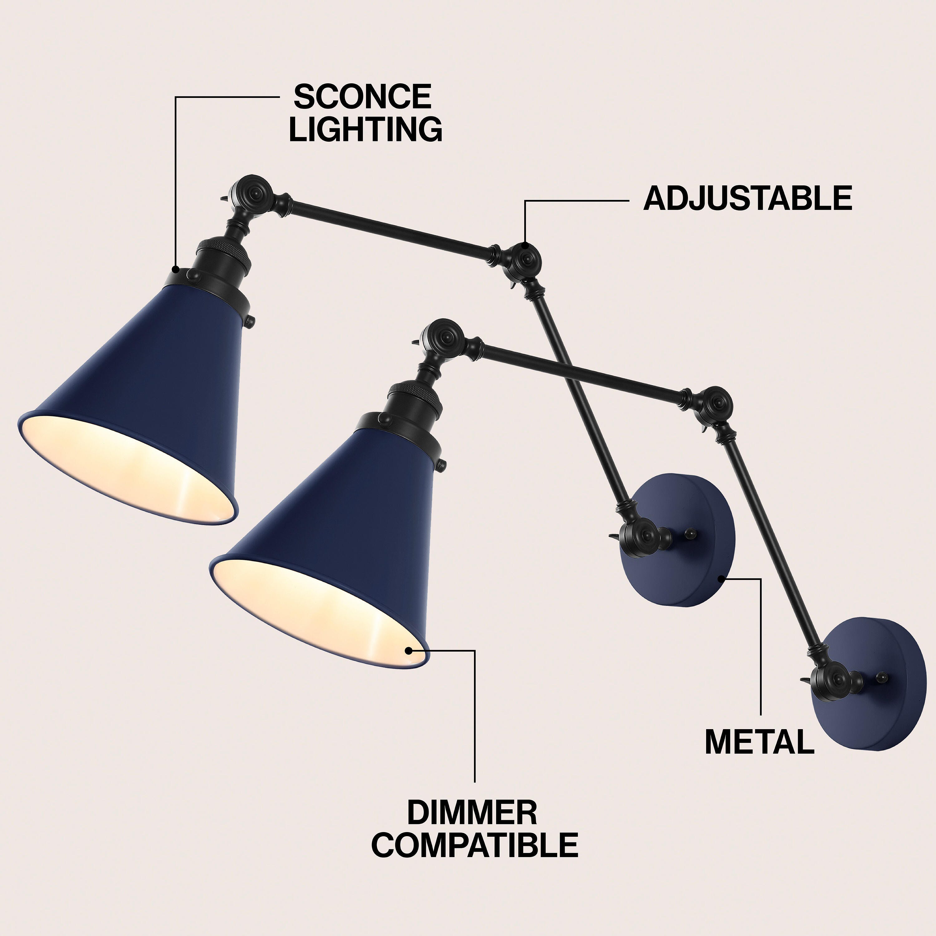 JONATHAN Y Rover Wall Sconce (Set of 2), Navy/Black, large
