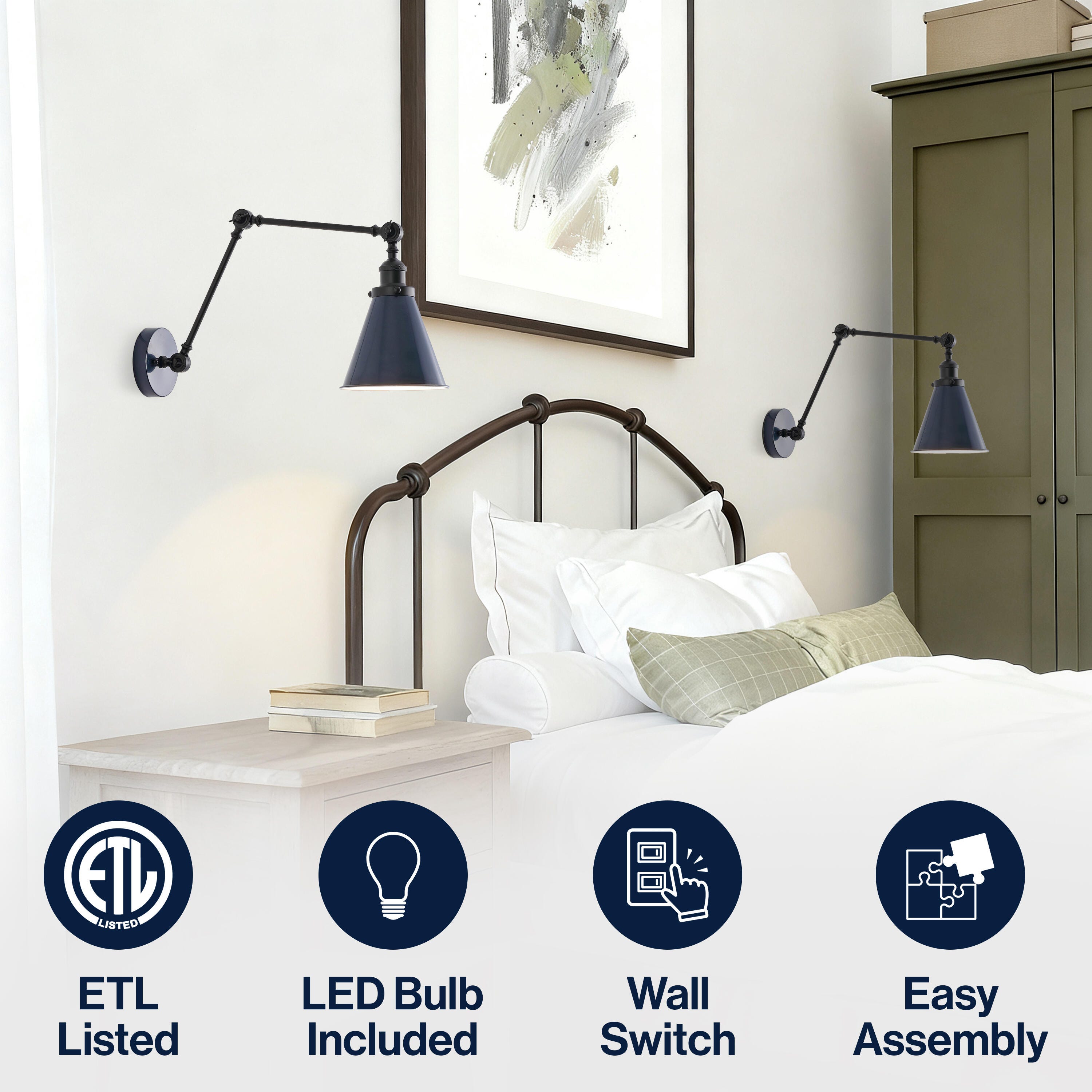 JONATHAN Y Rover Wall Sconce (Set of 2), Navy/Black, large