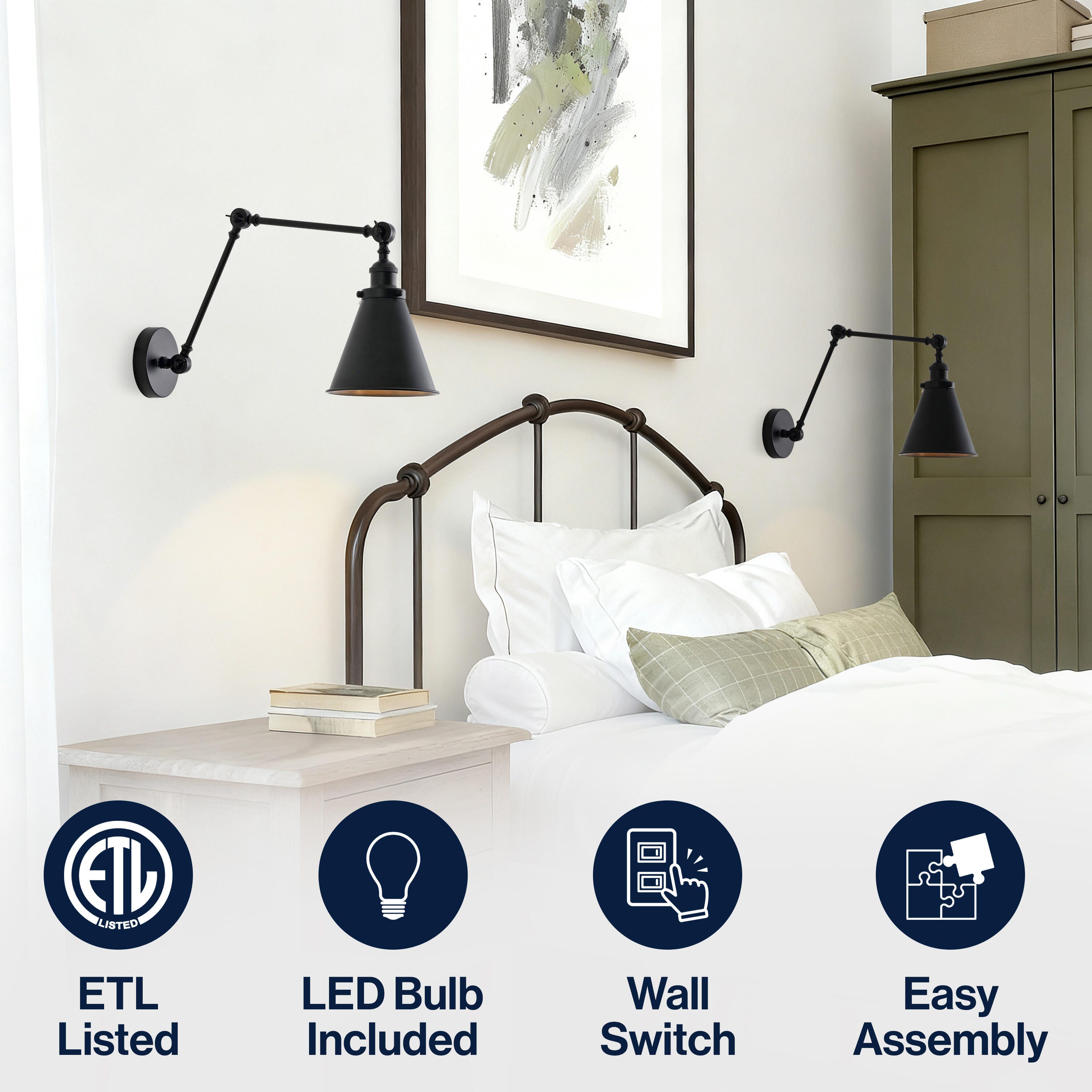 JONATHAN Y Rover Wall Sconce (Set of 2), Black, large