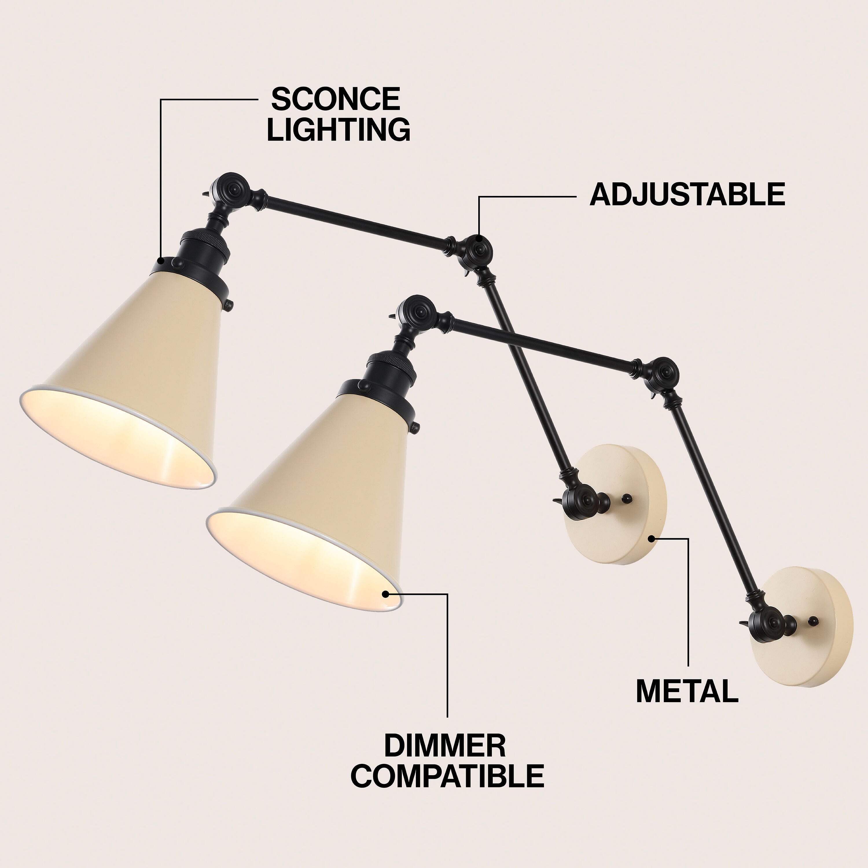 JONATHAN Y Rover Wall Sconce (Set of 2), Almond/Black, large