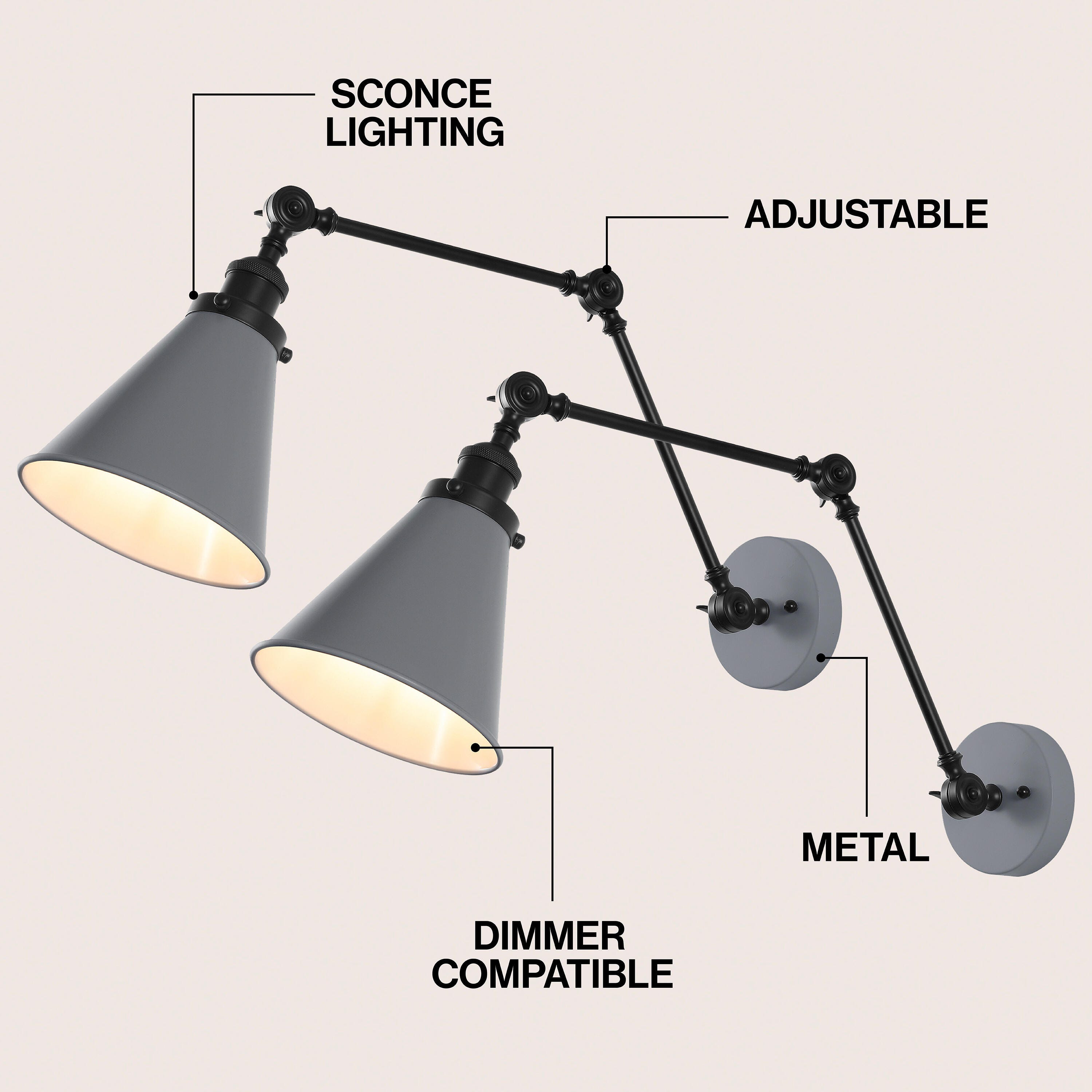 JONATHAN Y Rover Wall Sconce (Set of 2), Gray/Black, large