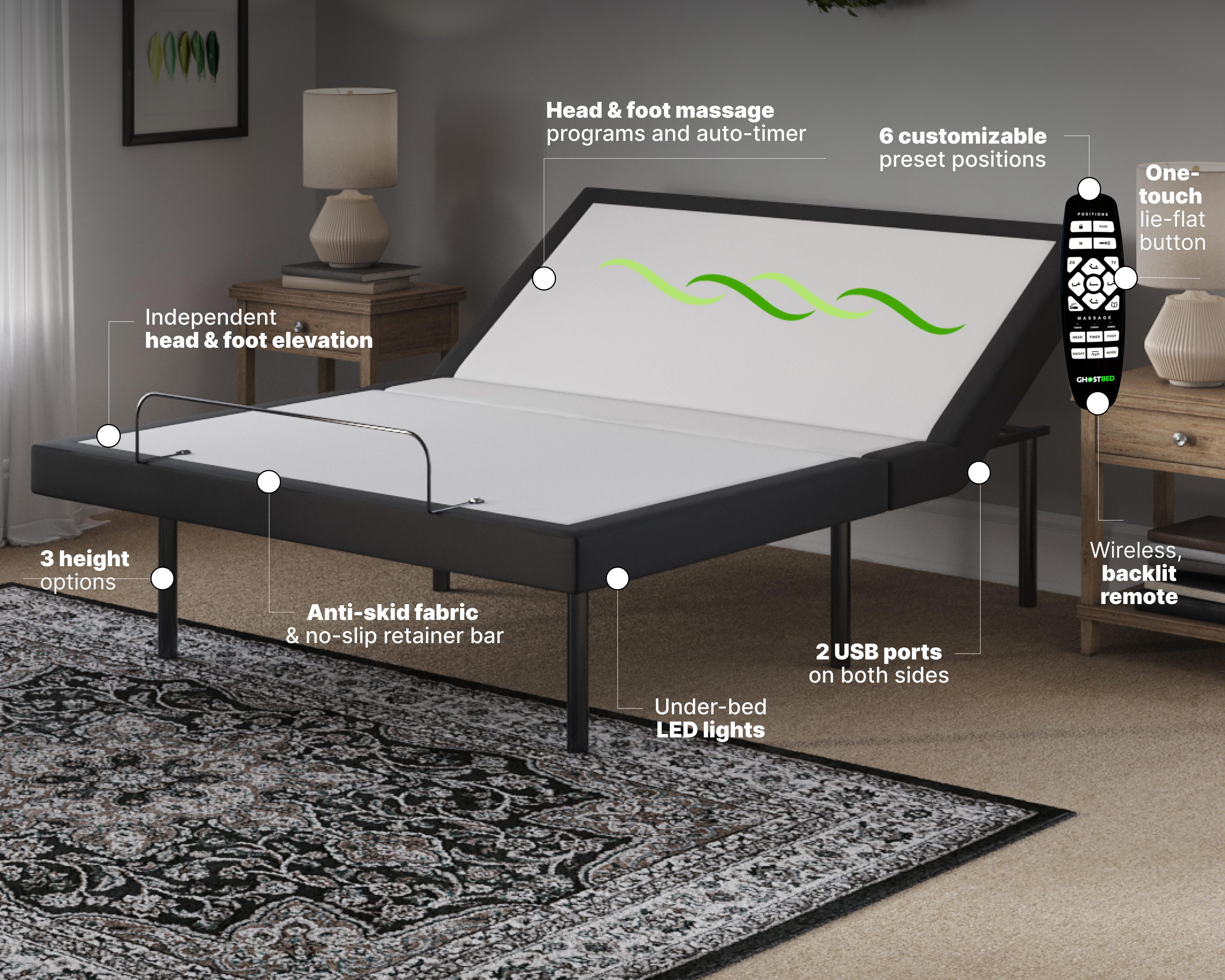 GhostBed Adjustable Bed Frame and Power Base, Black, large