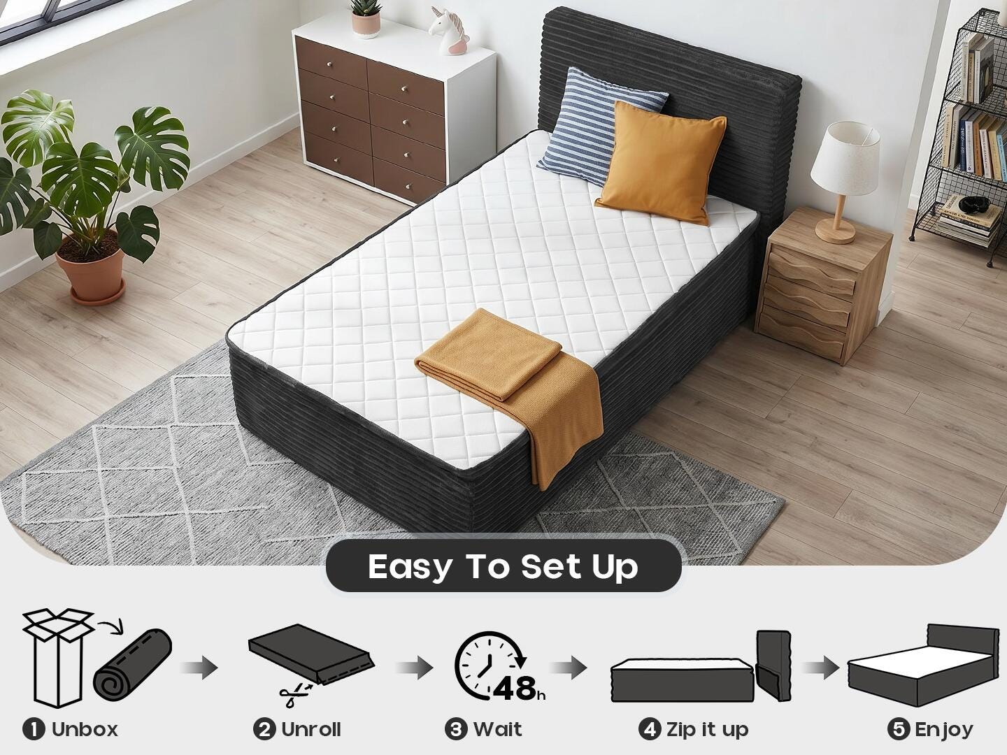 HOMLUX Medium Twin Mattress, Gray, large