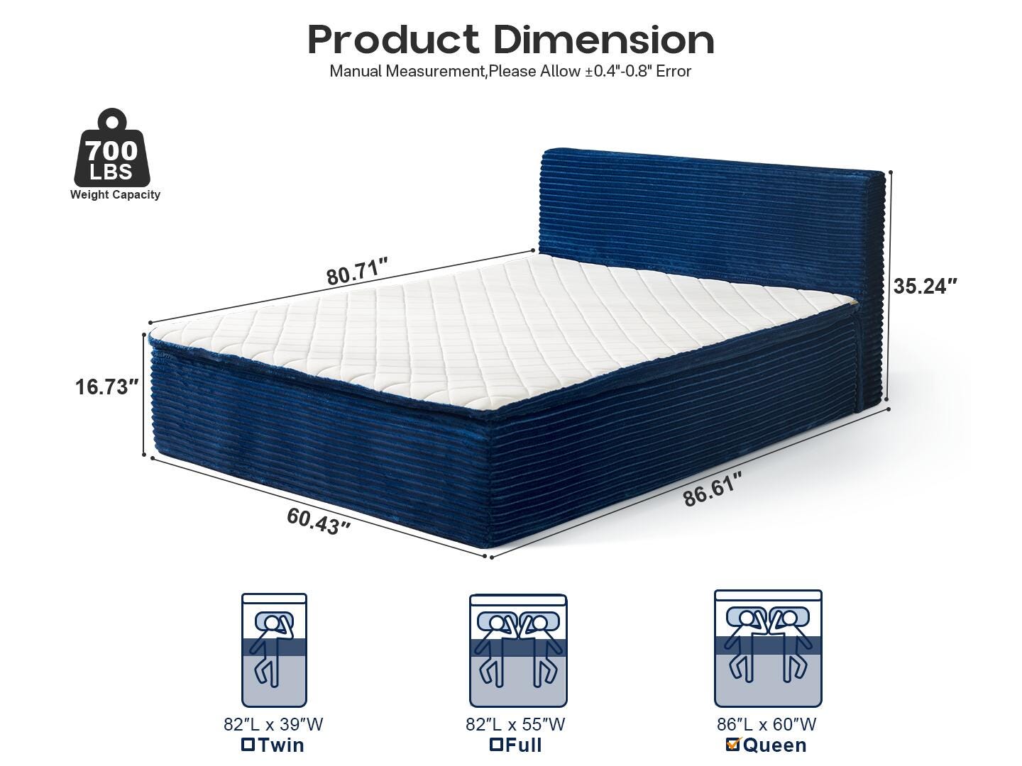 HOMLUX Medium Queen Mattress, Blue, large