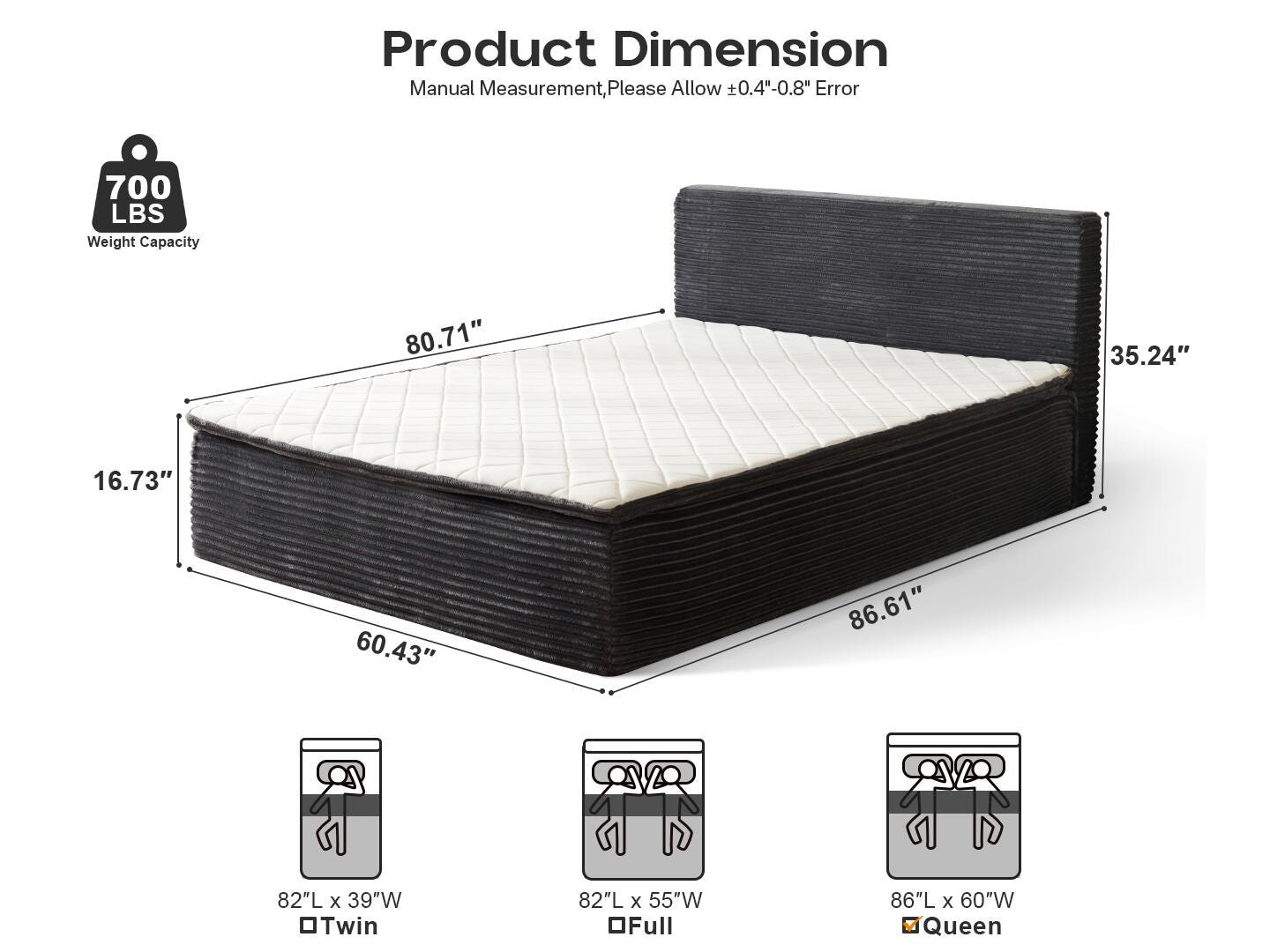 HOMLUX Medium Queen Mattress, Gray, large