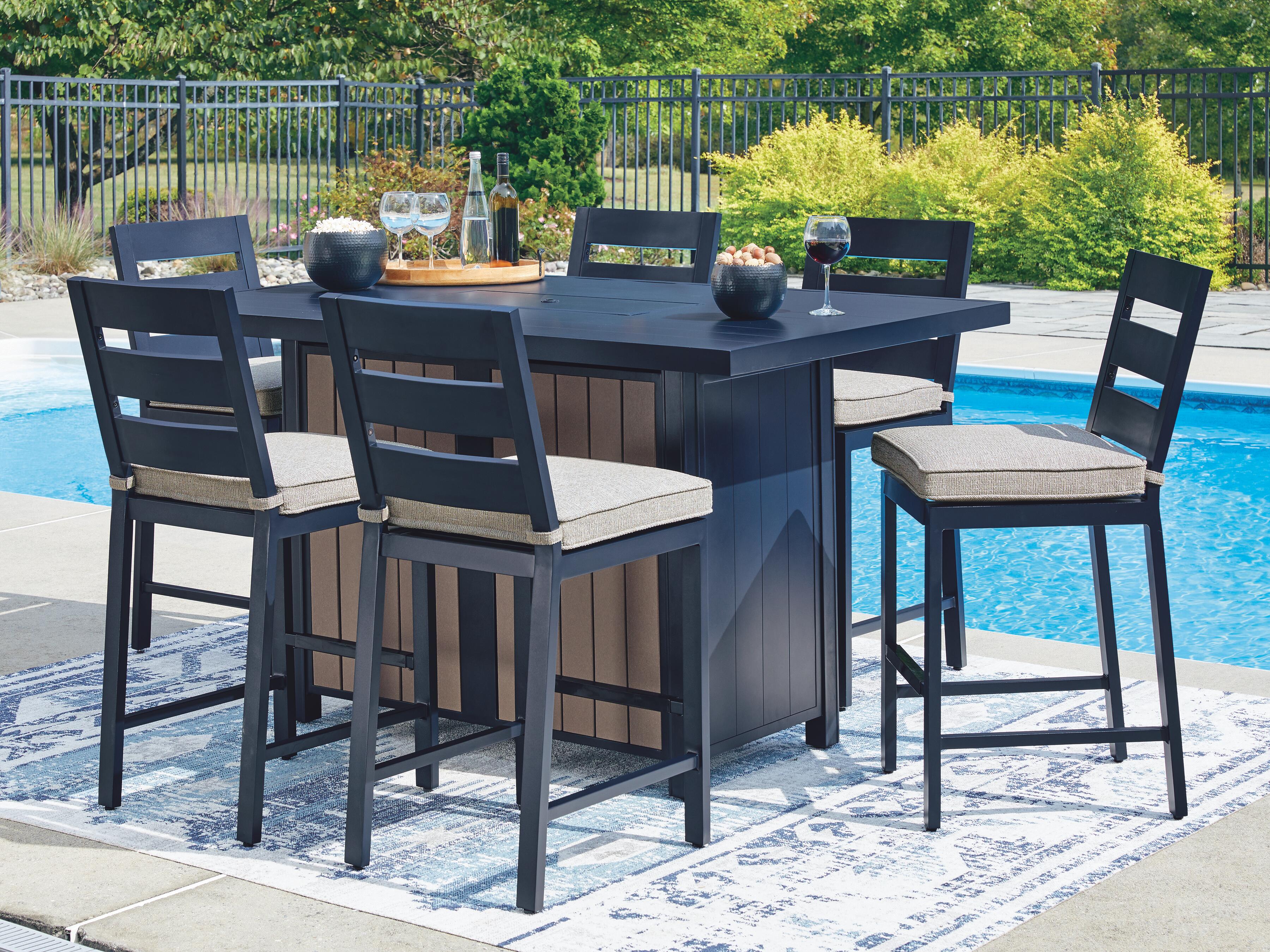 Mabry Shores Outdoor Fire Pit Table and 6 Barstools, , large