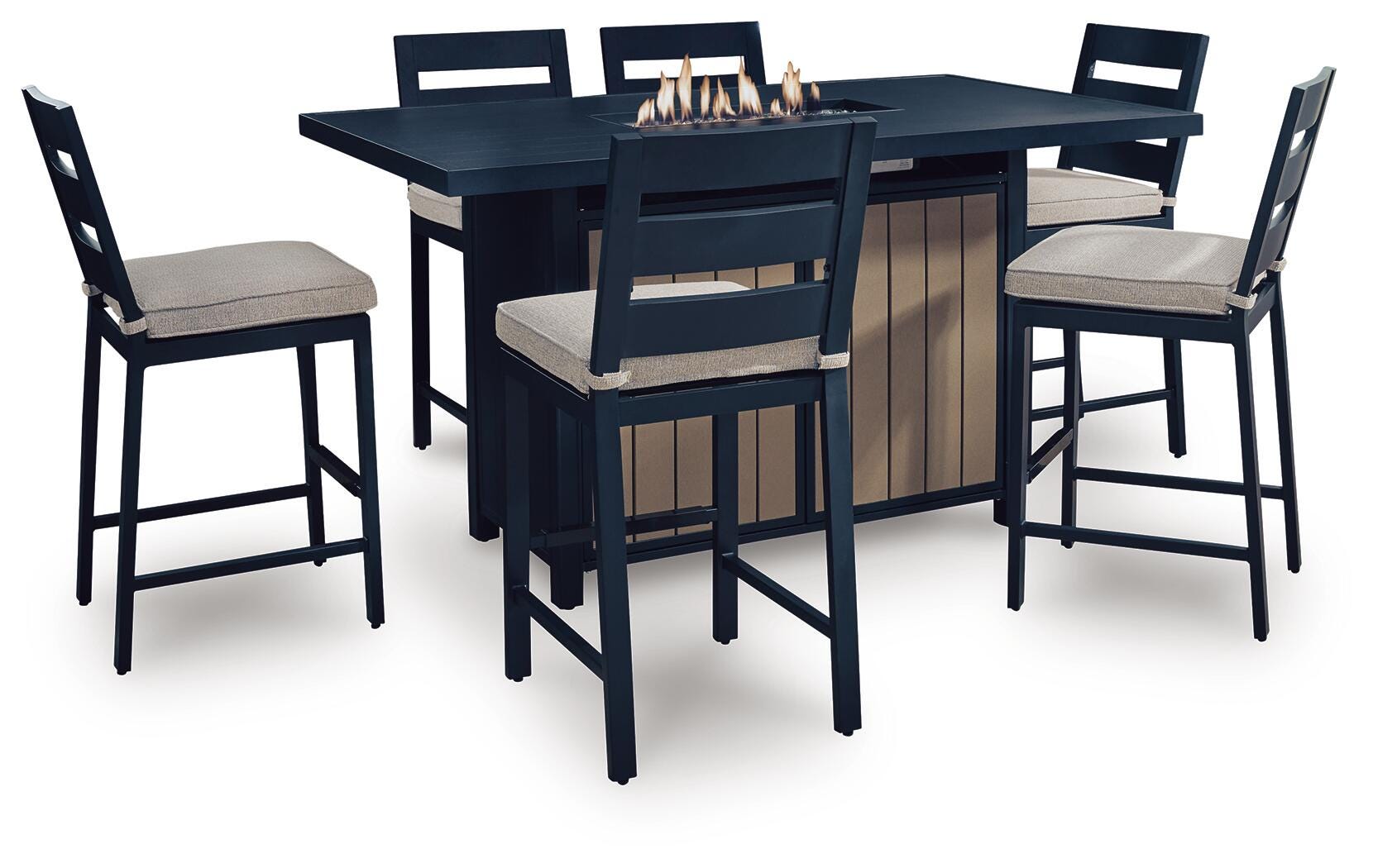 Mabry Shores Outdoor Fire Pit Table and 6 Barstools, , large