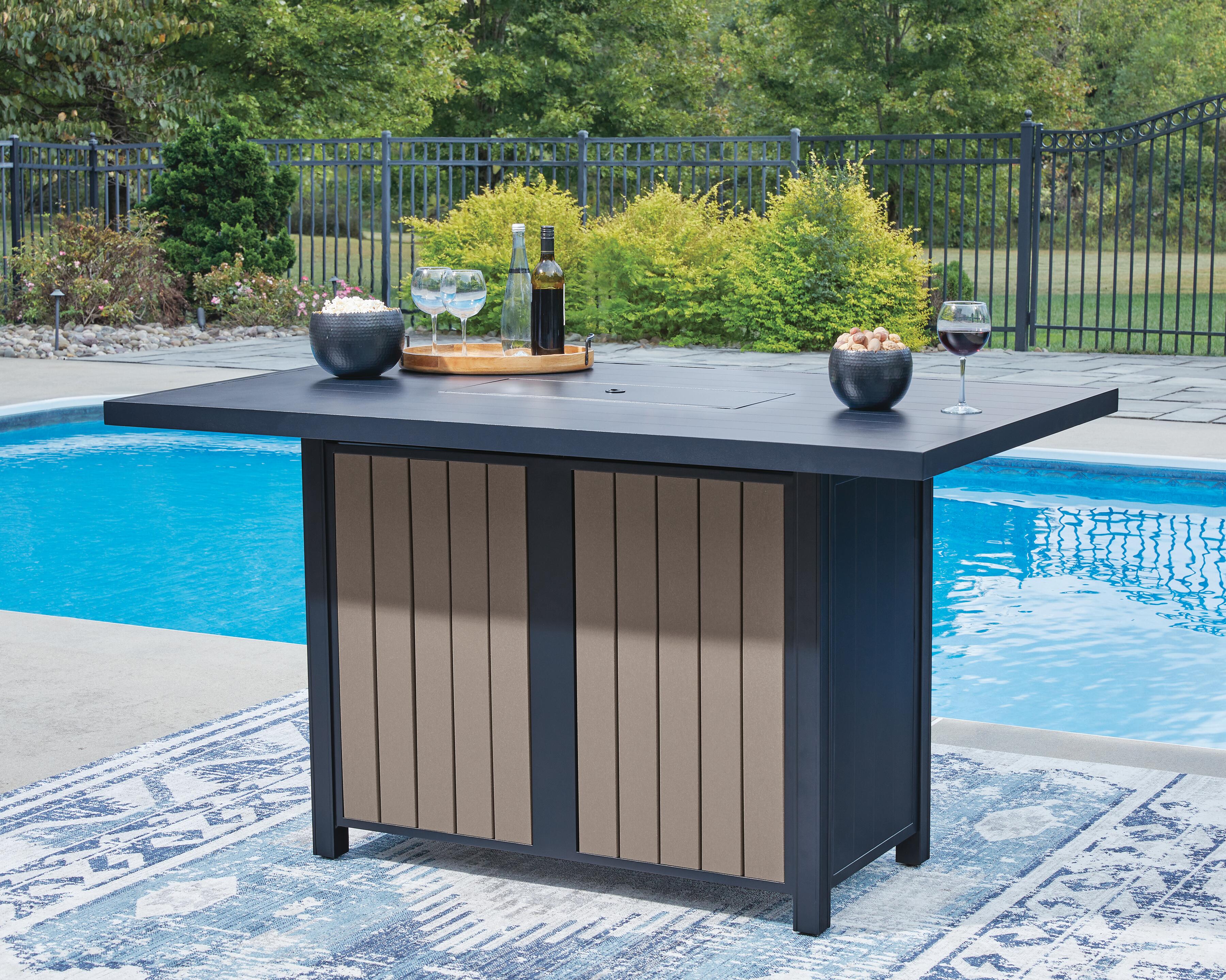 Mabry Shores Outdoor Fire Pit Bar Table and 4 Barstools, , large