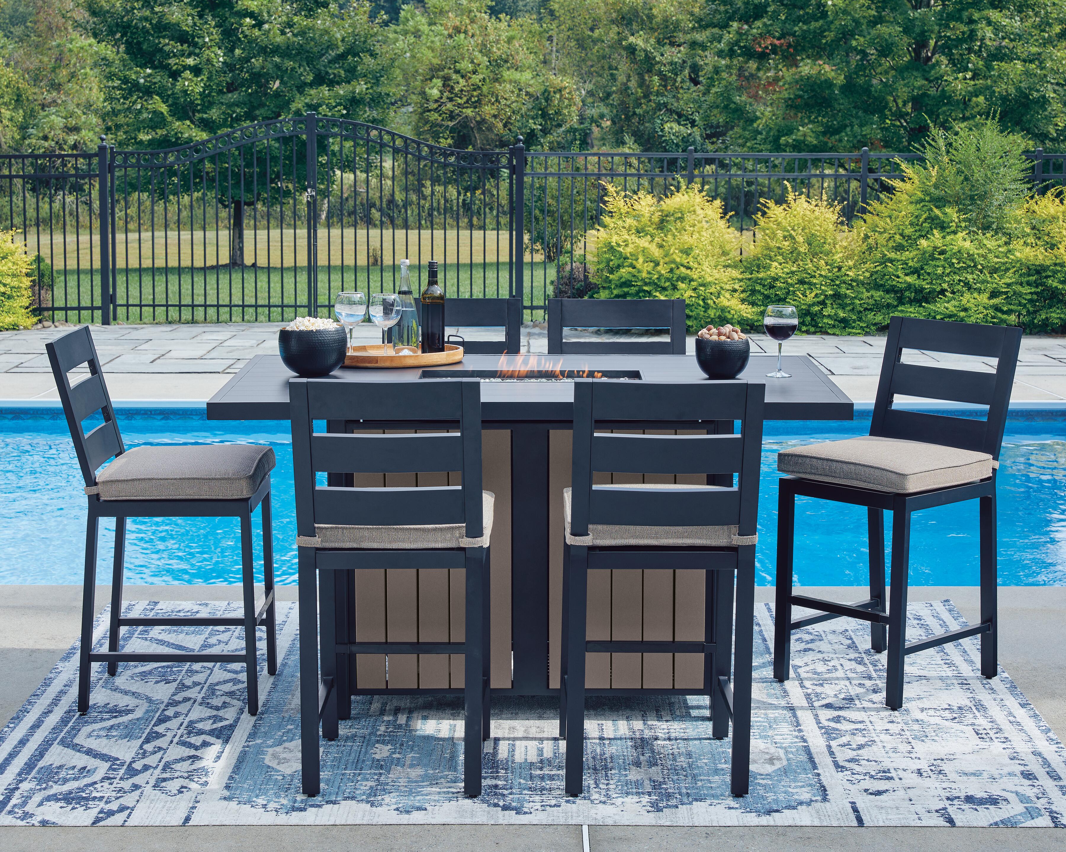 Mabry Shores Outdoor Fire Pit Table and 6 Barstools, , large