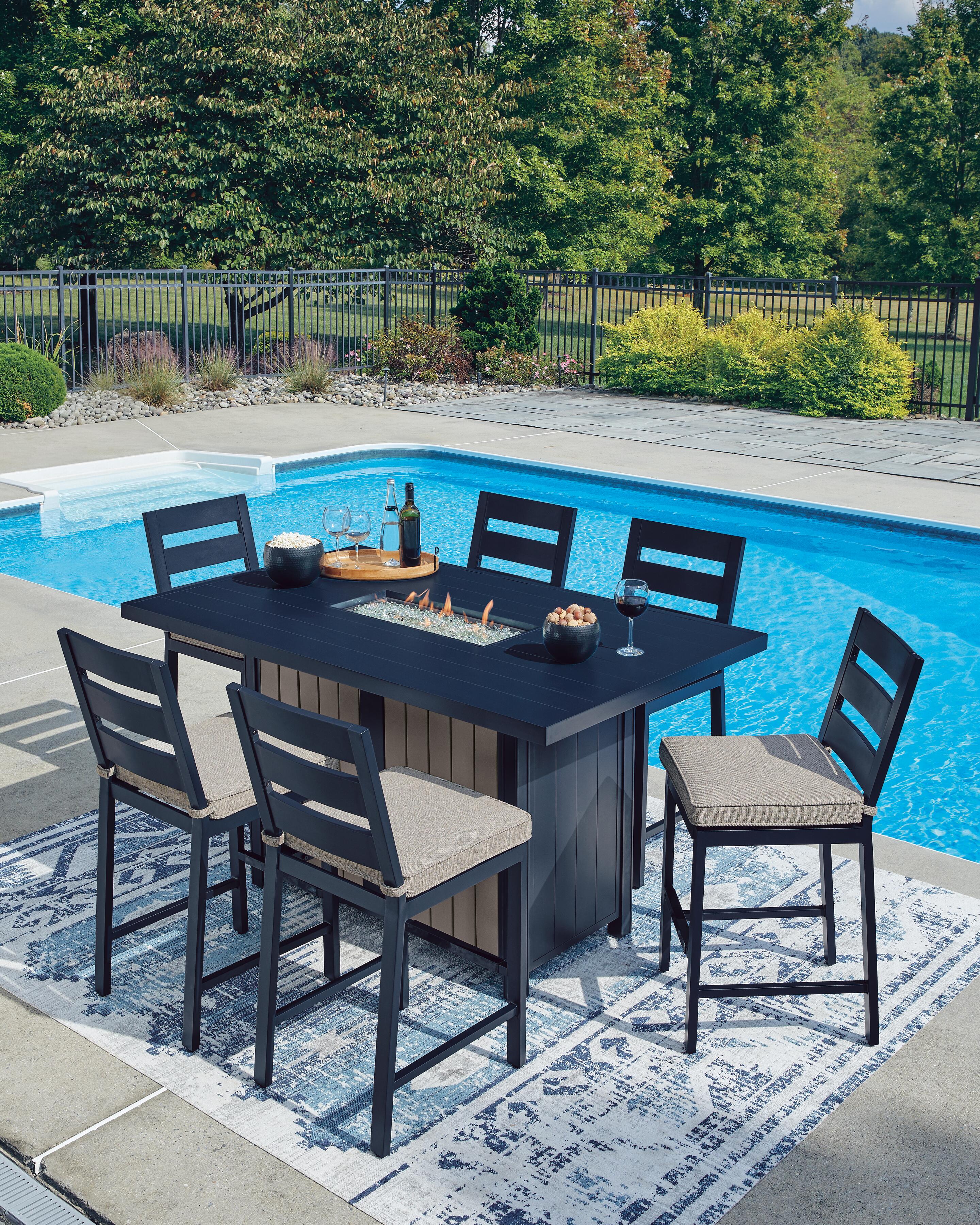 Mabry Shores Outdoor Fire Pit Table and 6 Barstools, , large