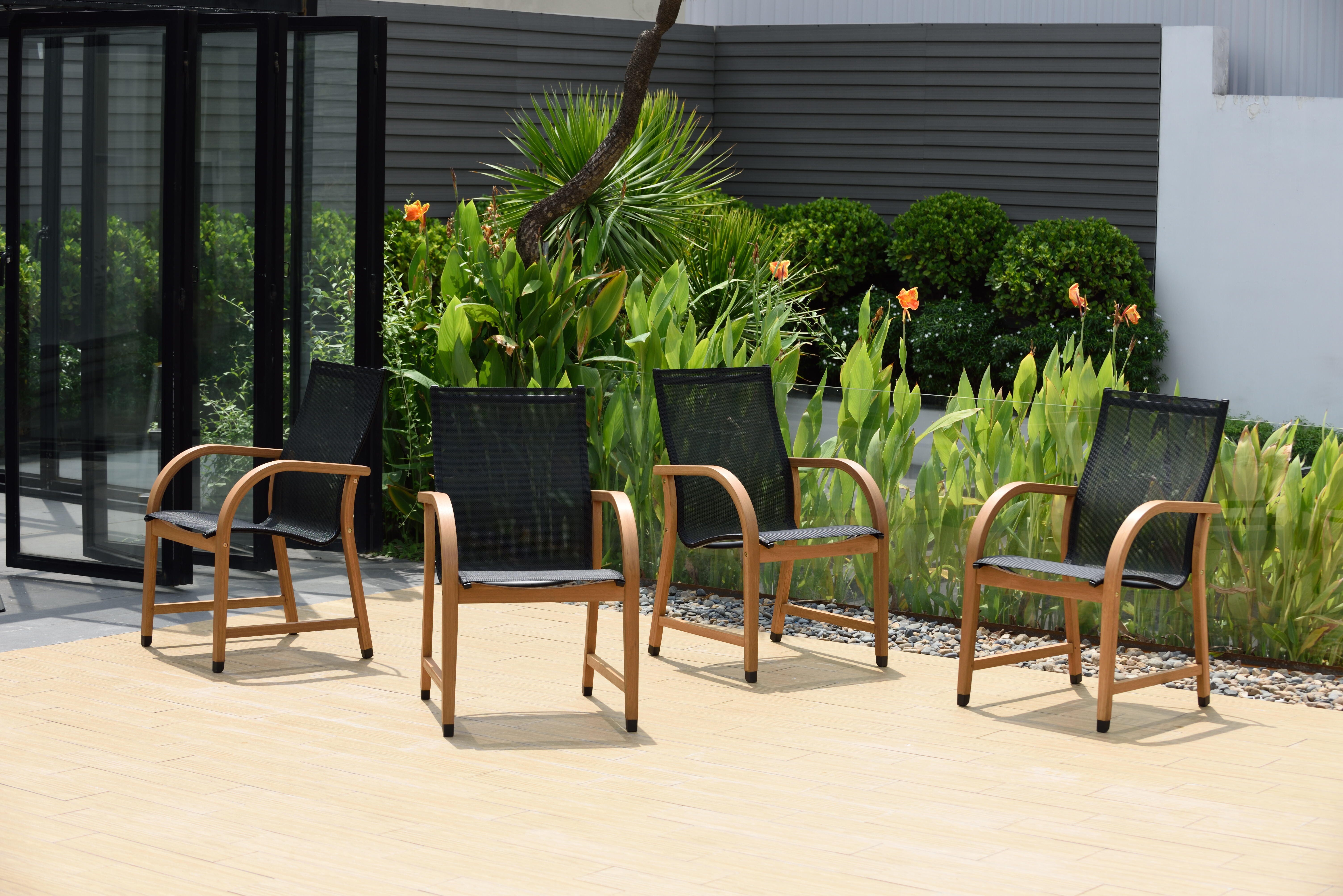Amazonia Teak Finish and Sling Armchairs (Set of 4), Black/Light Brown, large