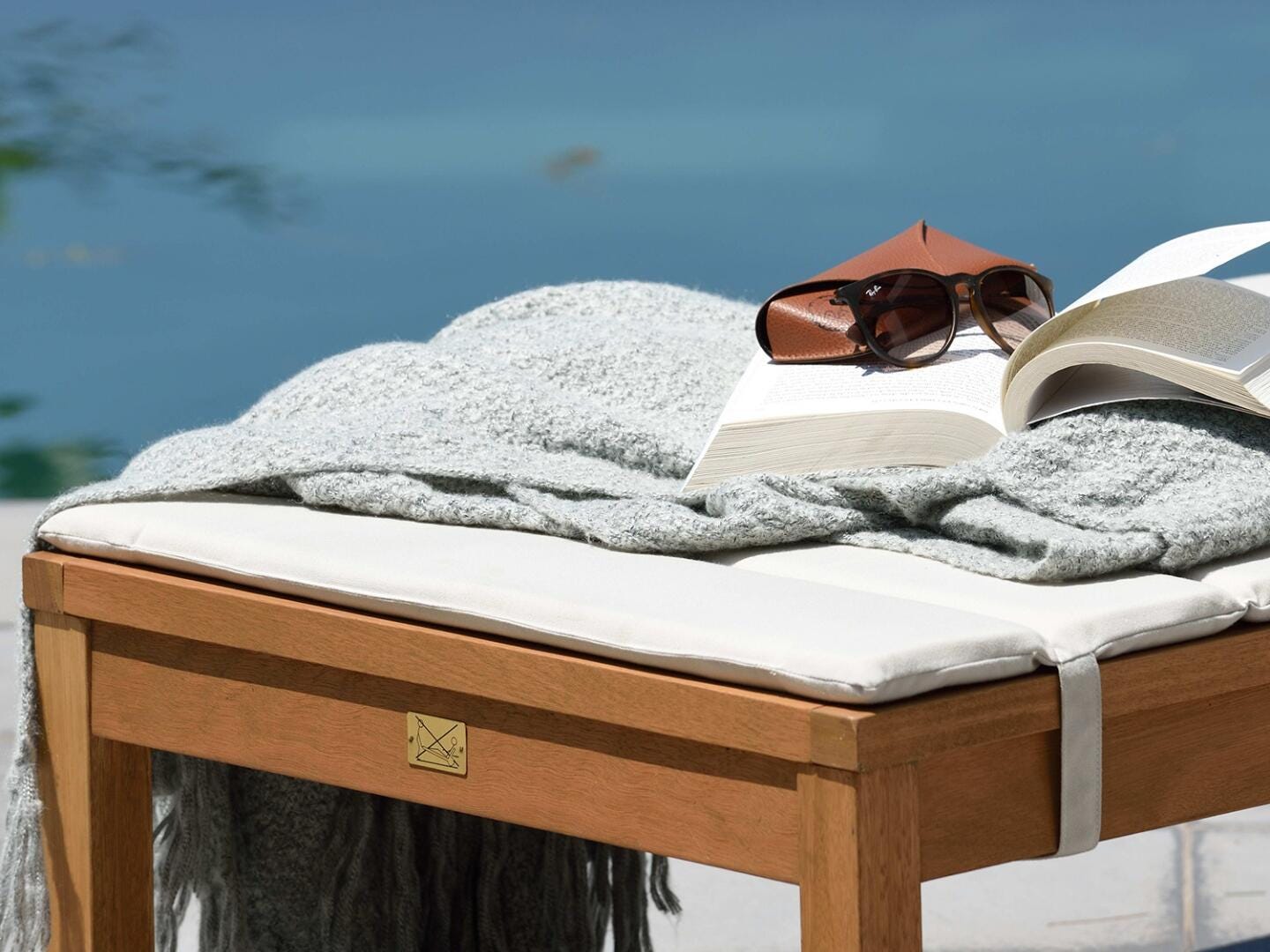 Amazonia Teak Finish Lounger with Light Gray Cushion, , large