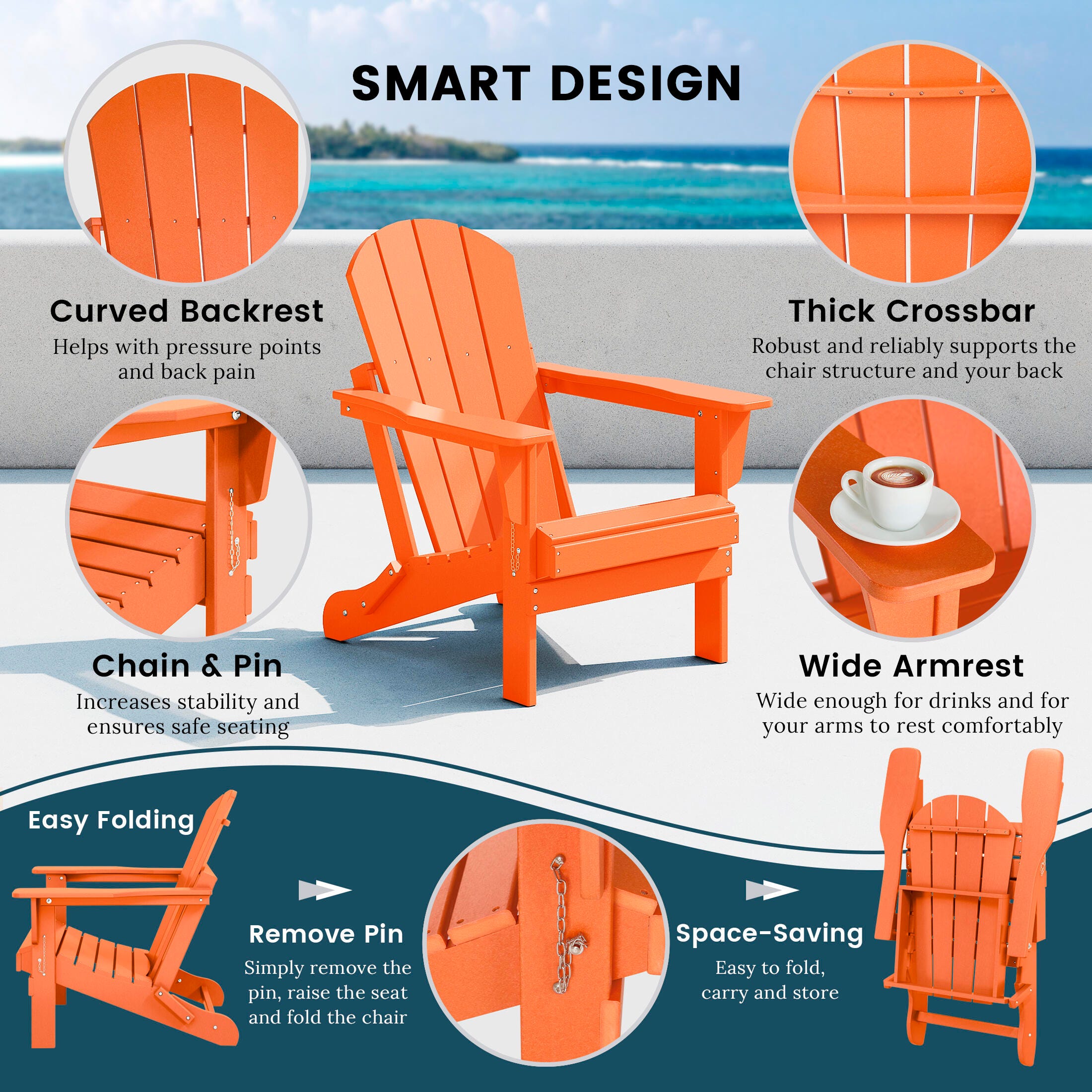 Westin Outdoor Folding Outdoor Poly Adirondack Chair, Orange, large