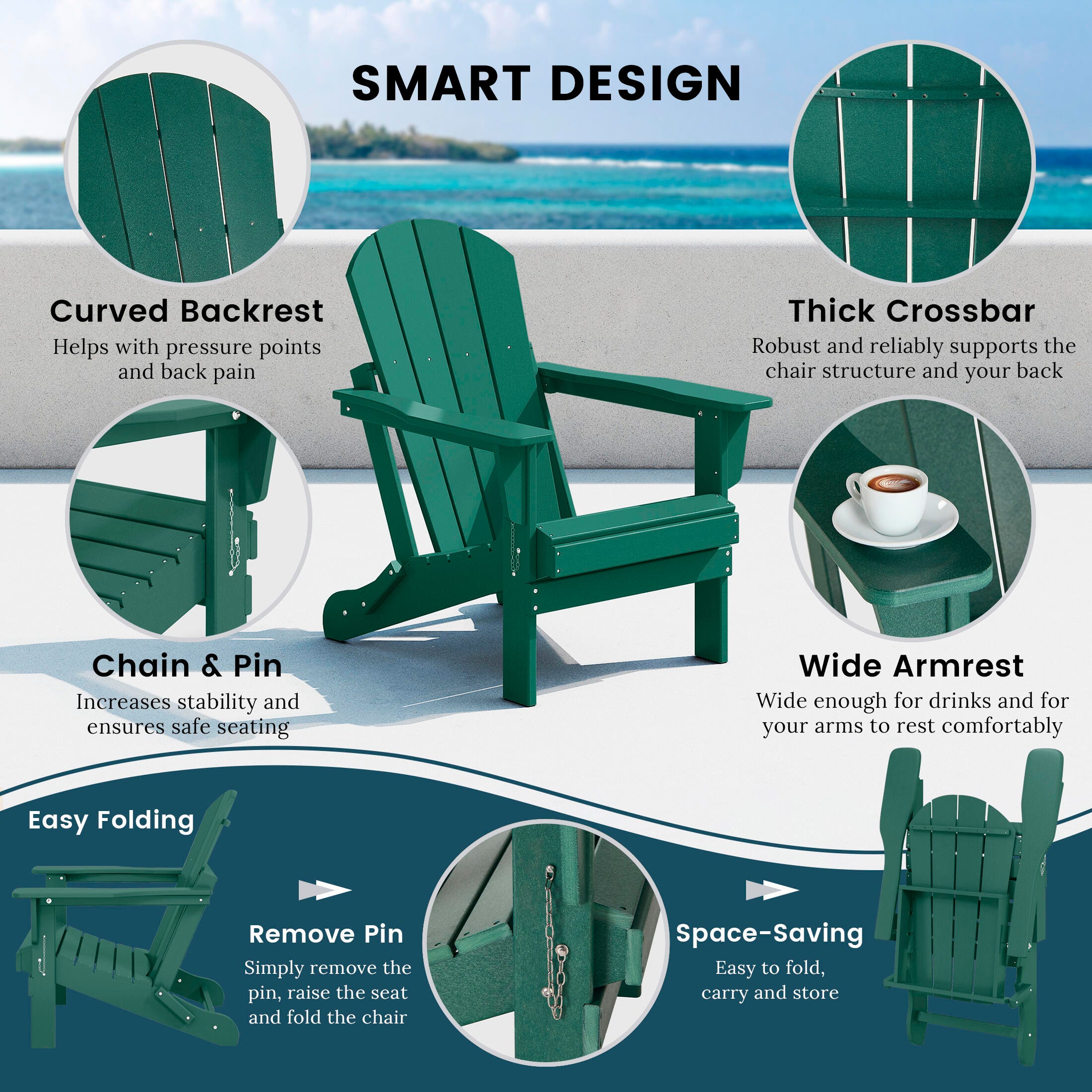 Westin Outdoor Folding Outdoor Poly Adirondack Chair, Green, large