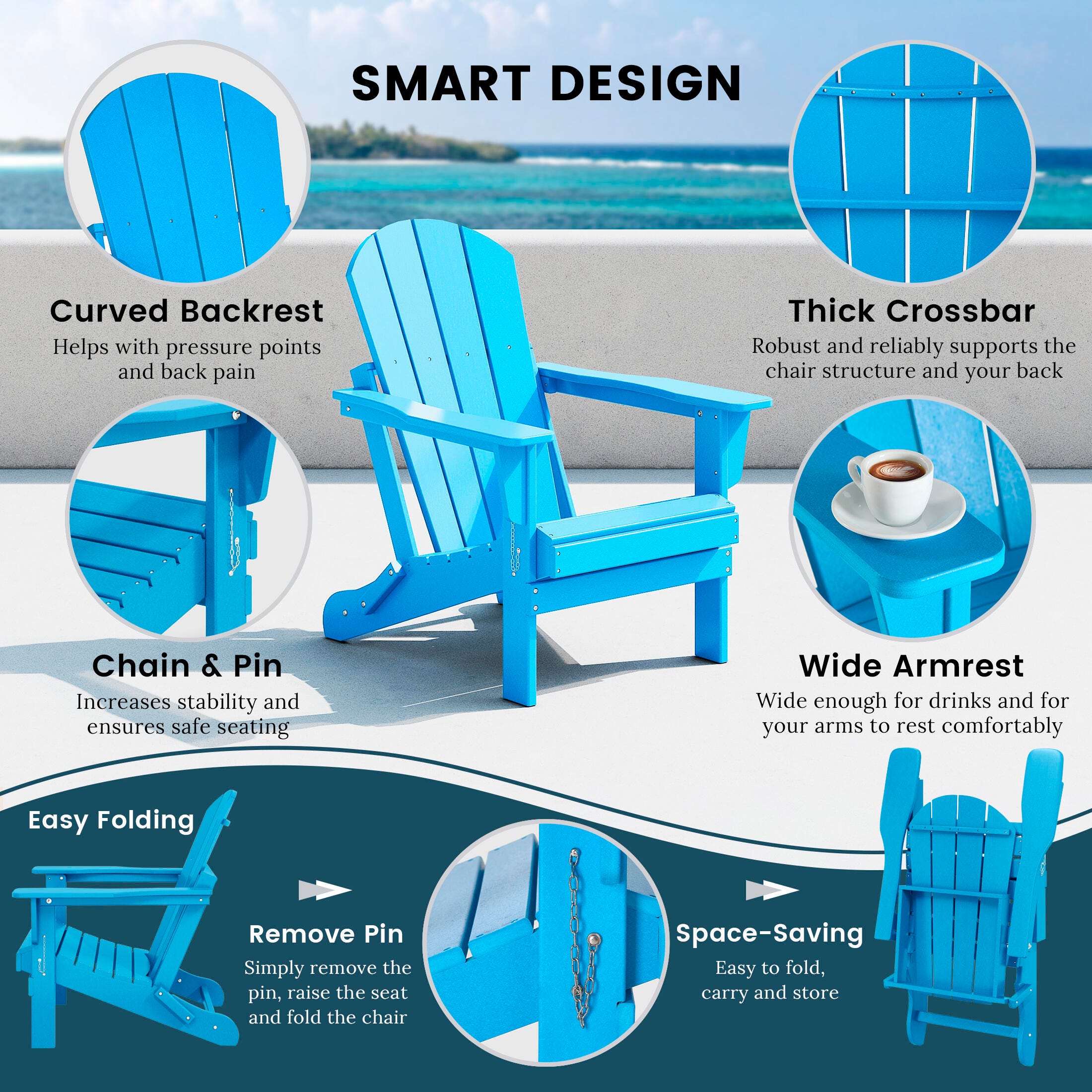 Westin Outdoor  Folding Outdoor Poly Adirondack Chair, Blue, large