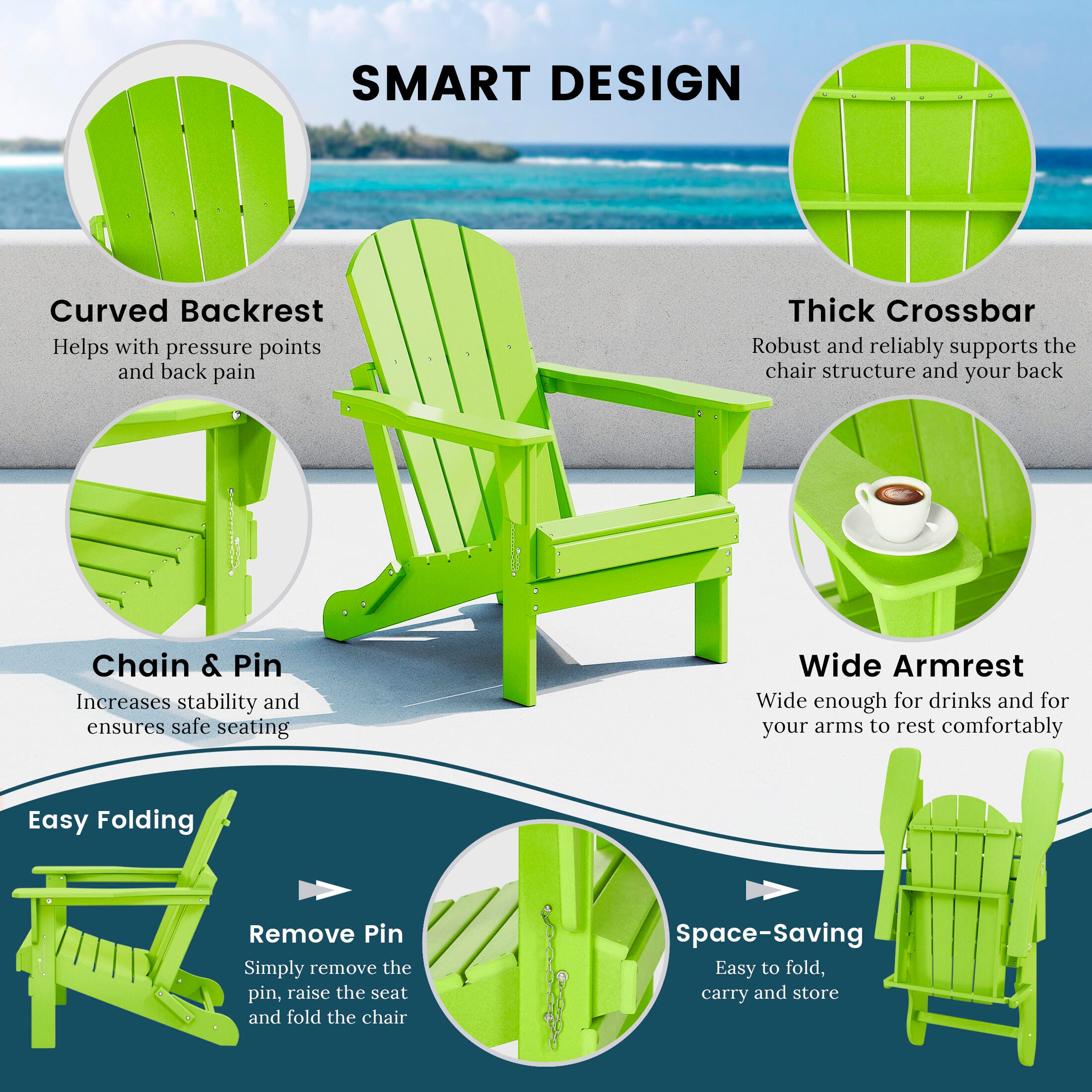 Westin Outdoor Folding Outdoor Poly Adirondack Chair, Lime, large