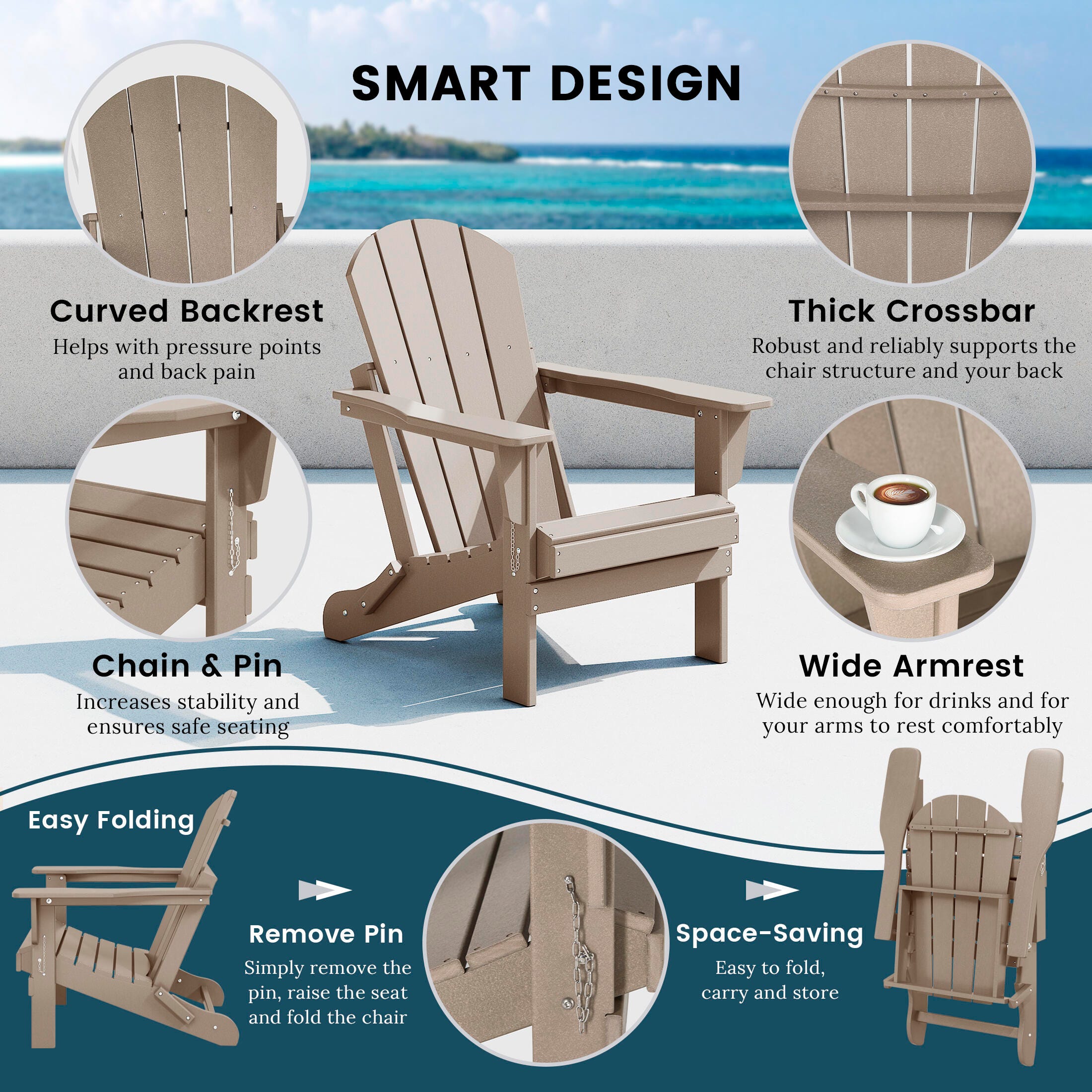 Westin Outdoor Folding Outdoor Poly Adirondack Chair, Beige, large