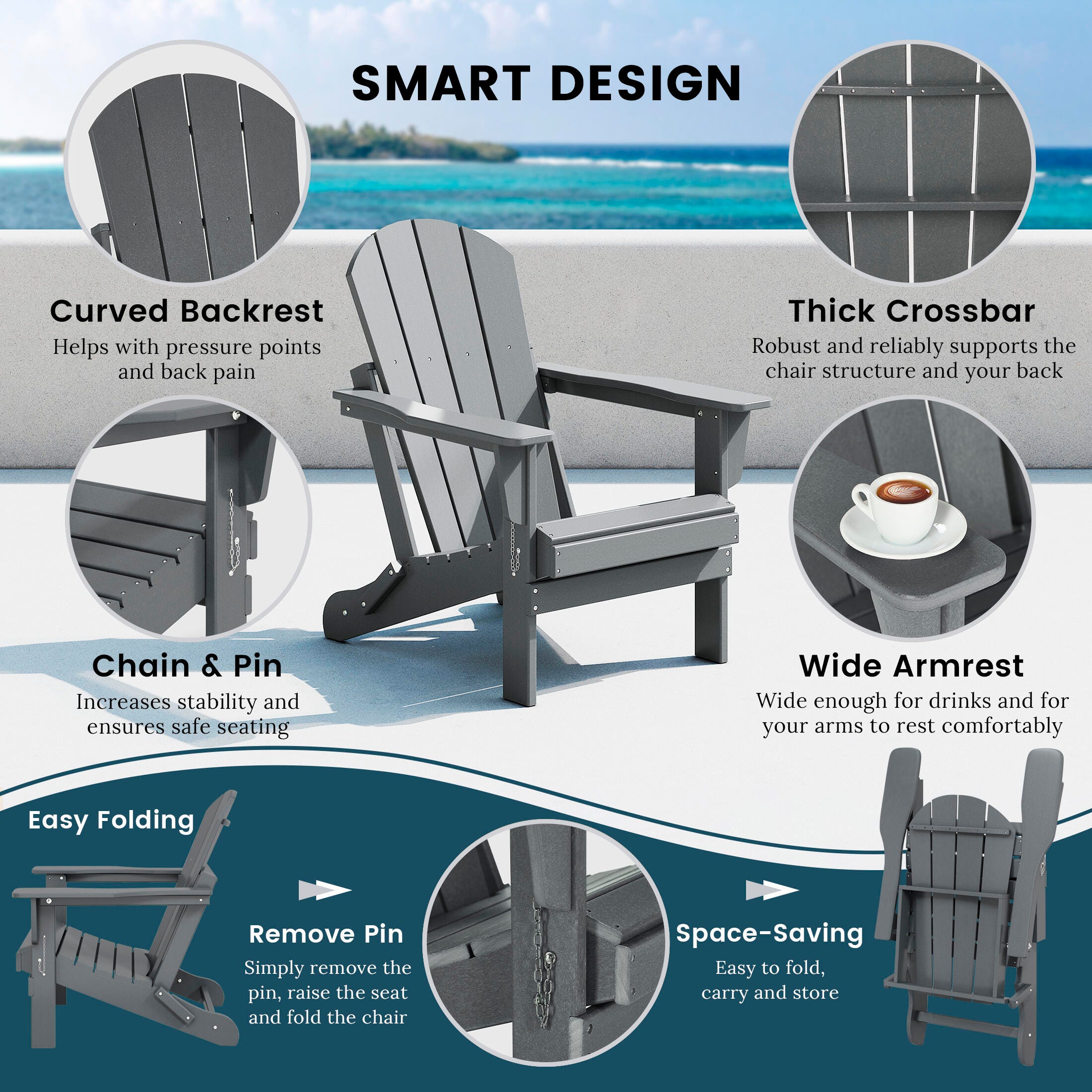 Westin Outdoor  Folding Outdoor Poly Adirondack Chair, Gray, large