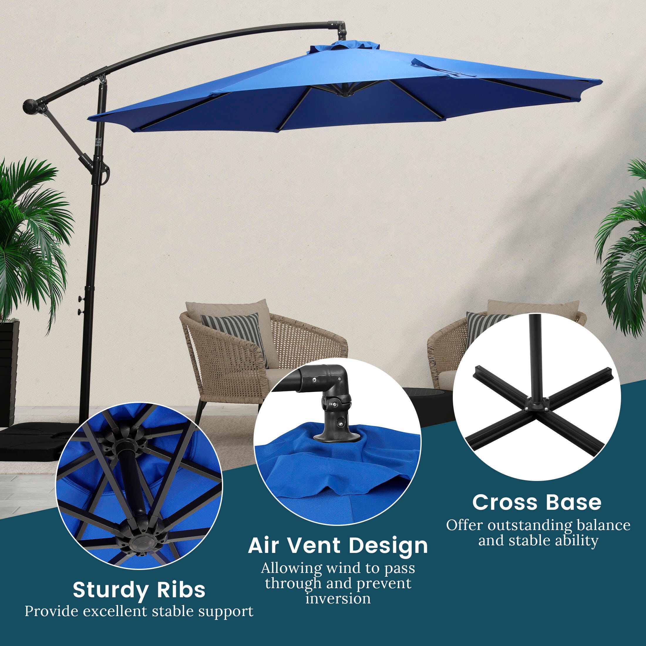 Henley 10' Outdoor Cantilever Hanging Patio Umbrella, Royal Blue, large