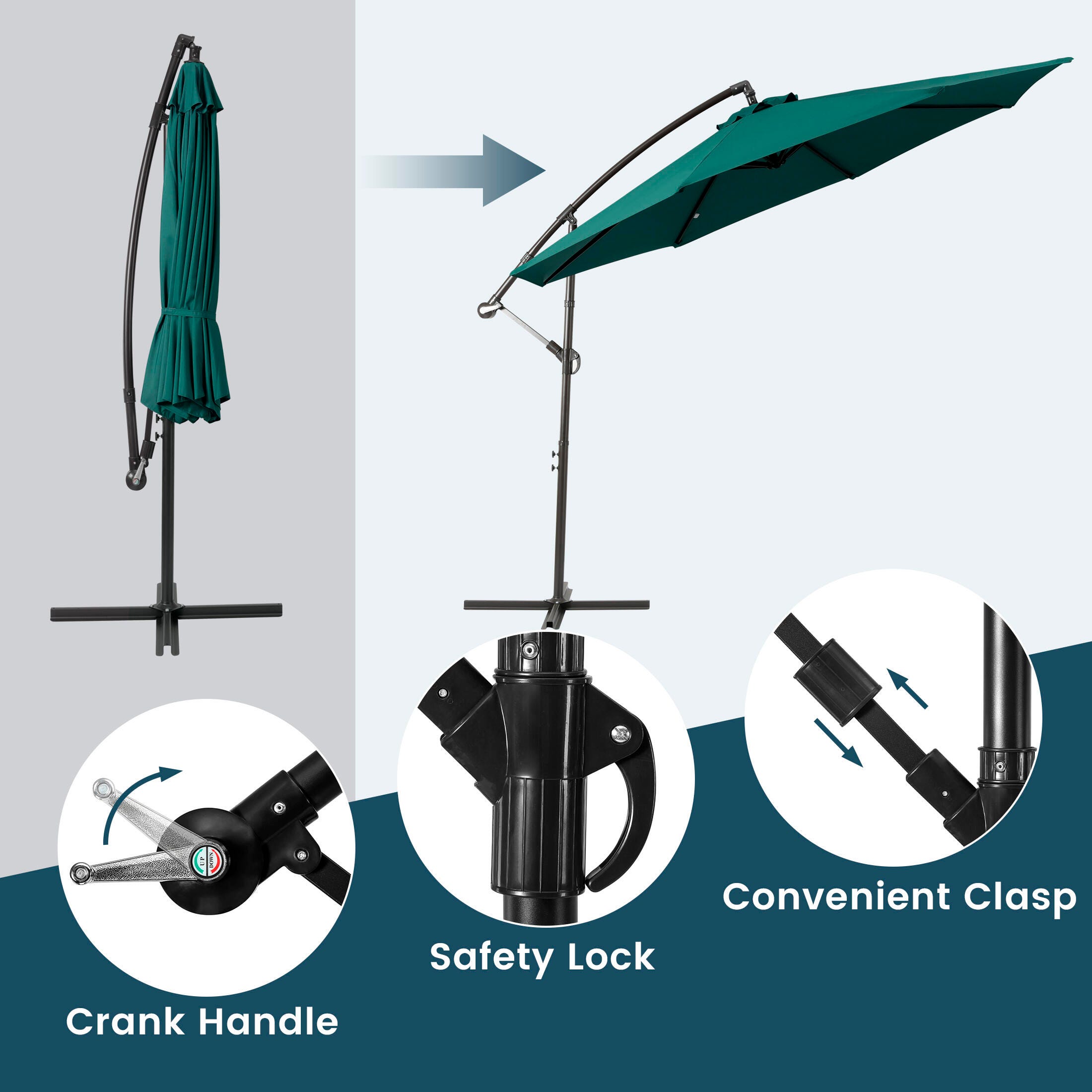 Henley 10' Outdoor Cantilever Hanging Patio Umbrella, Dark Green, large