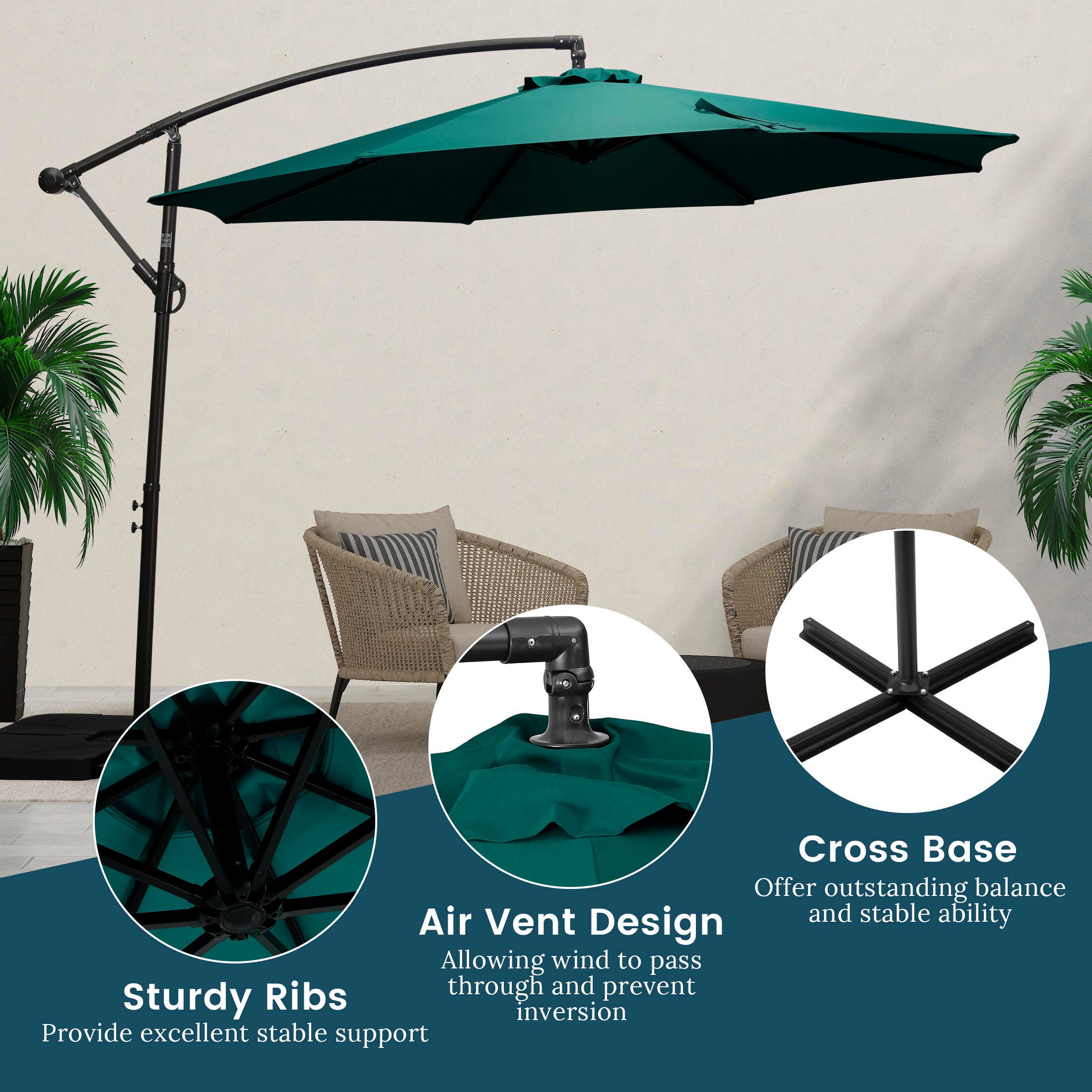 Henley 10' Outdoor Cantilever Hanging Patio Umbrella, Dark Green, large