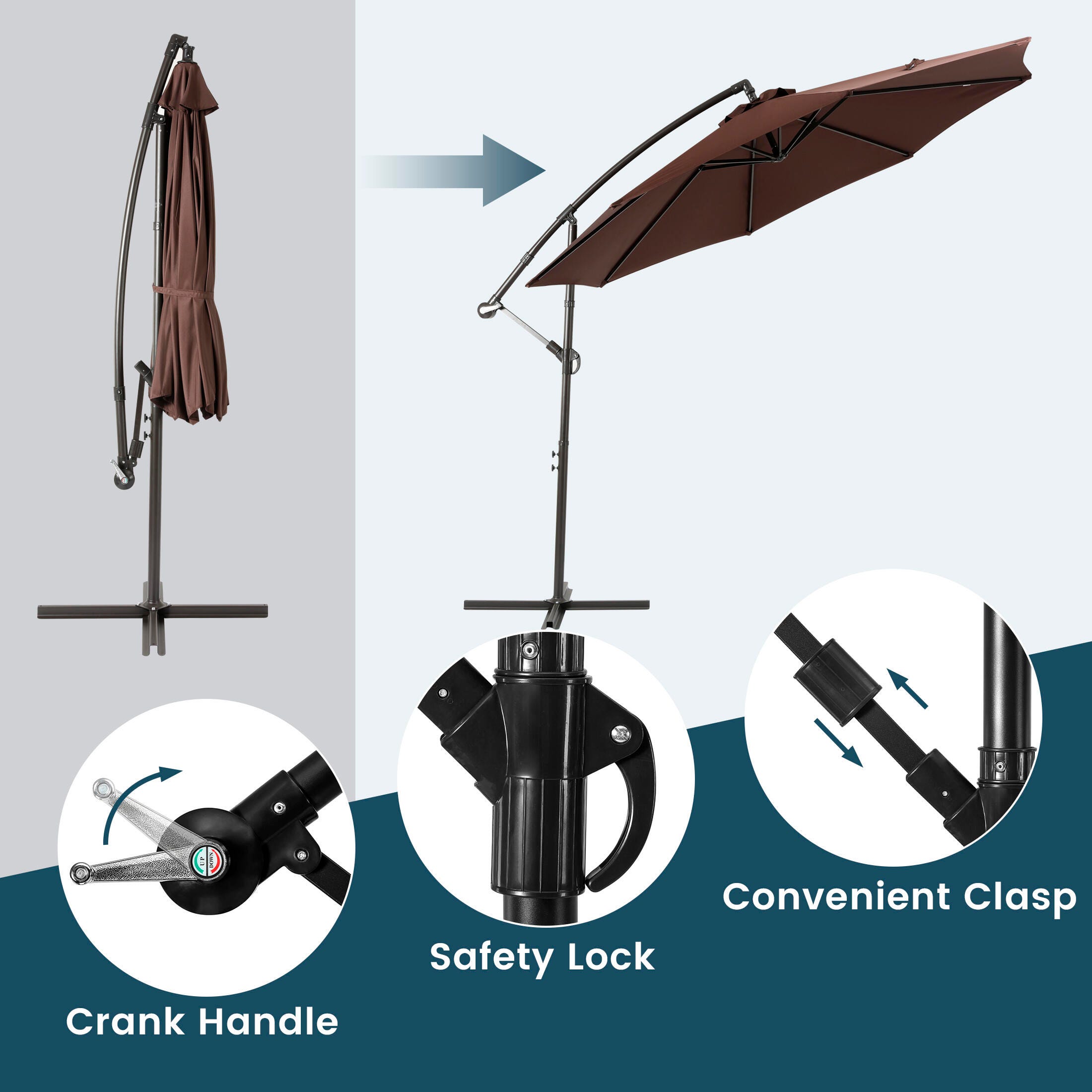 Henley 10' Outdoor Cantilever Hanging Patio Umbrella, Coffee, large