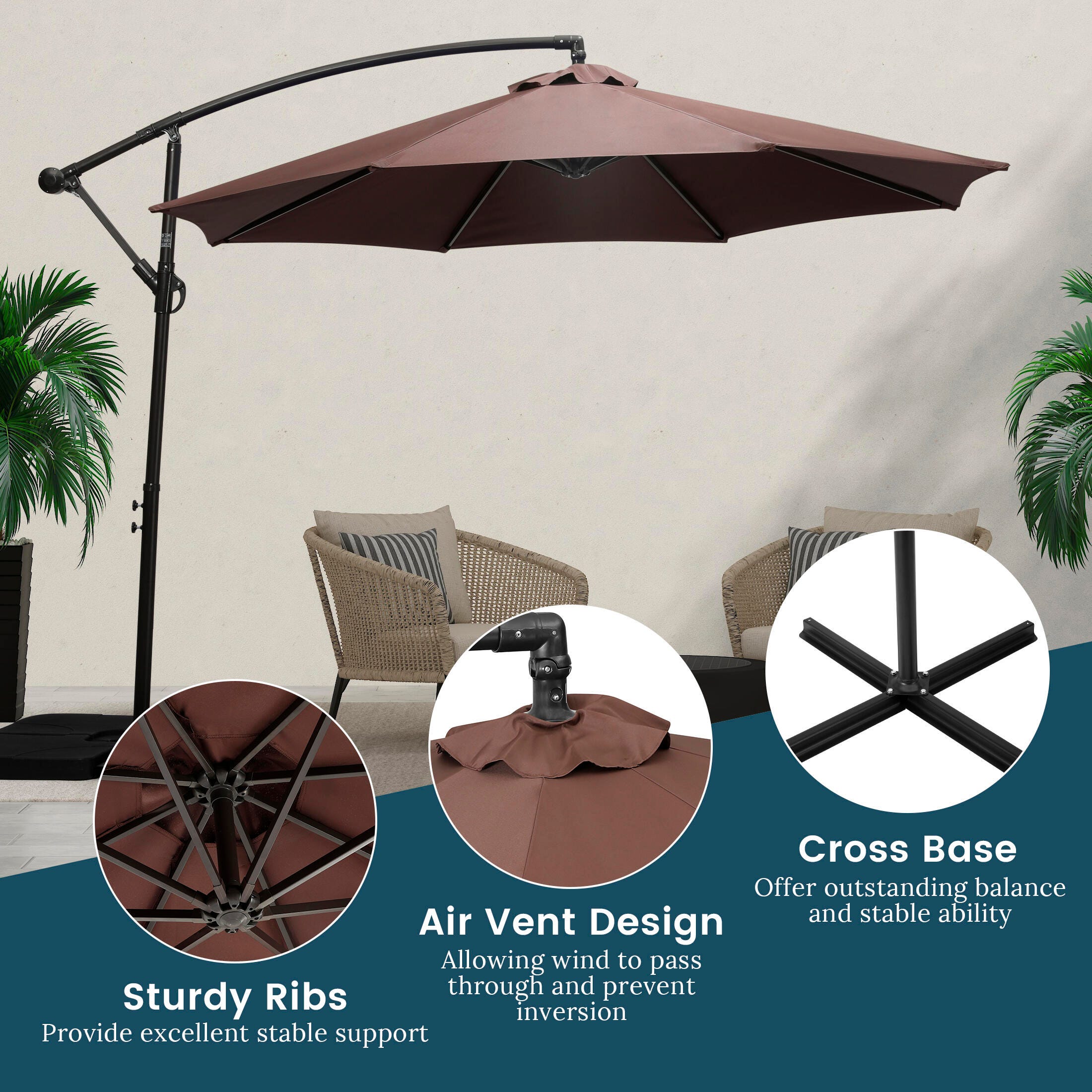 Henley 10' Outdoor Cantilever Hanging Patio Umbrella, Coffee, large