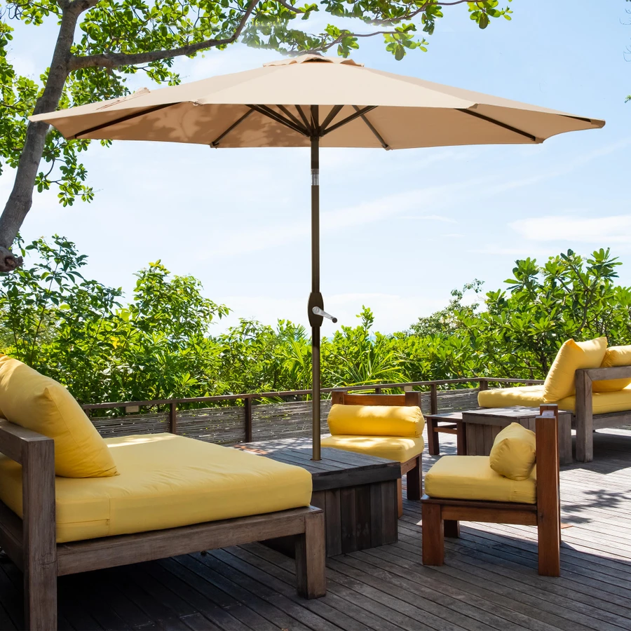 living accents 9 ft tiltable brown market patio umbrella 9ft Motorized Umbrella w/ Base, Beige position tilt and crank polyester fabric umbrella Outdoor Expressions 9 Ft. Aluminum