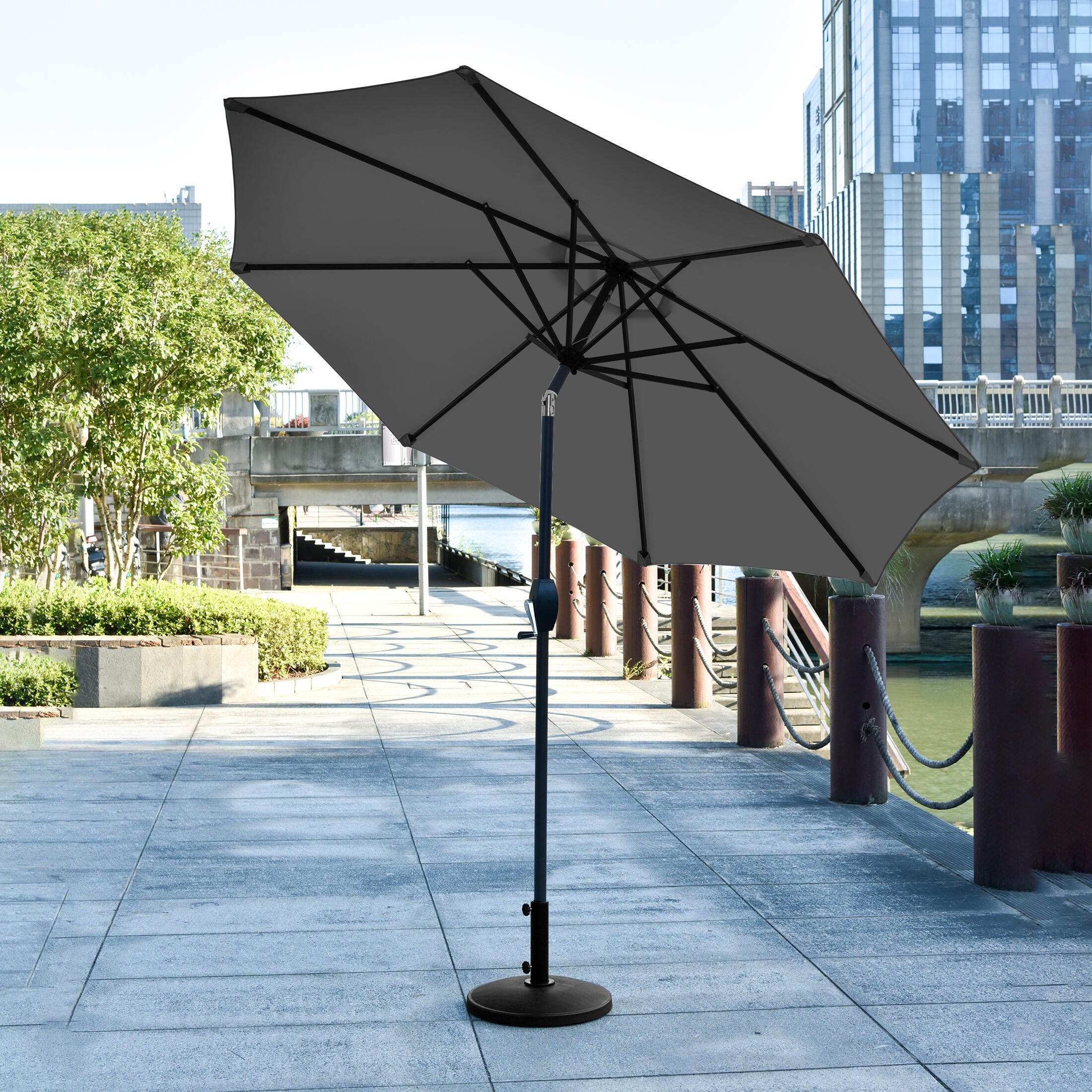 Westin Outdoor 9-Ft Market Patio Umbrella with Round Resin Base, Black/Gray, rollover