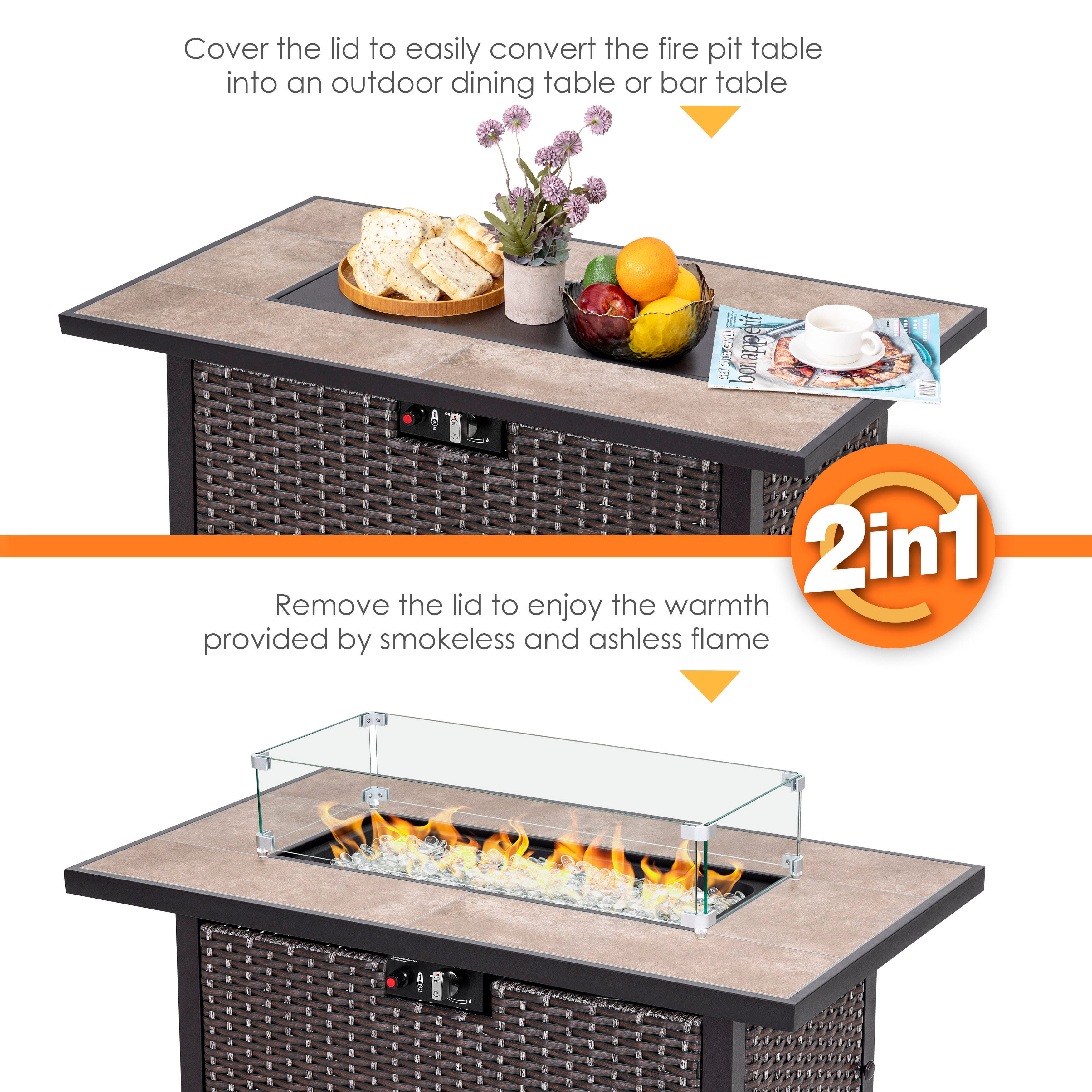 Nuu Garden Outdoor 43" Fire Pit Table with Glass Wind Guard, , large