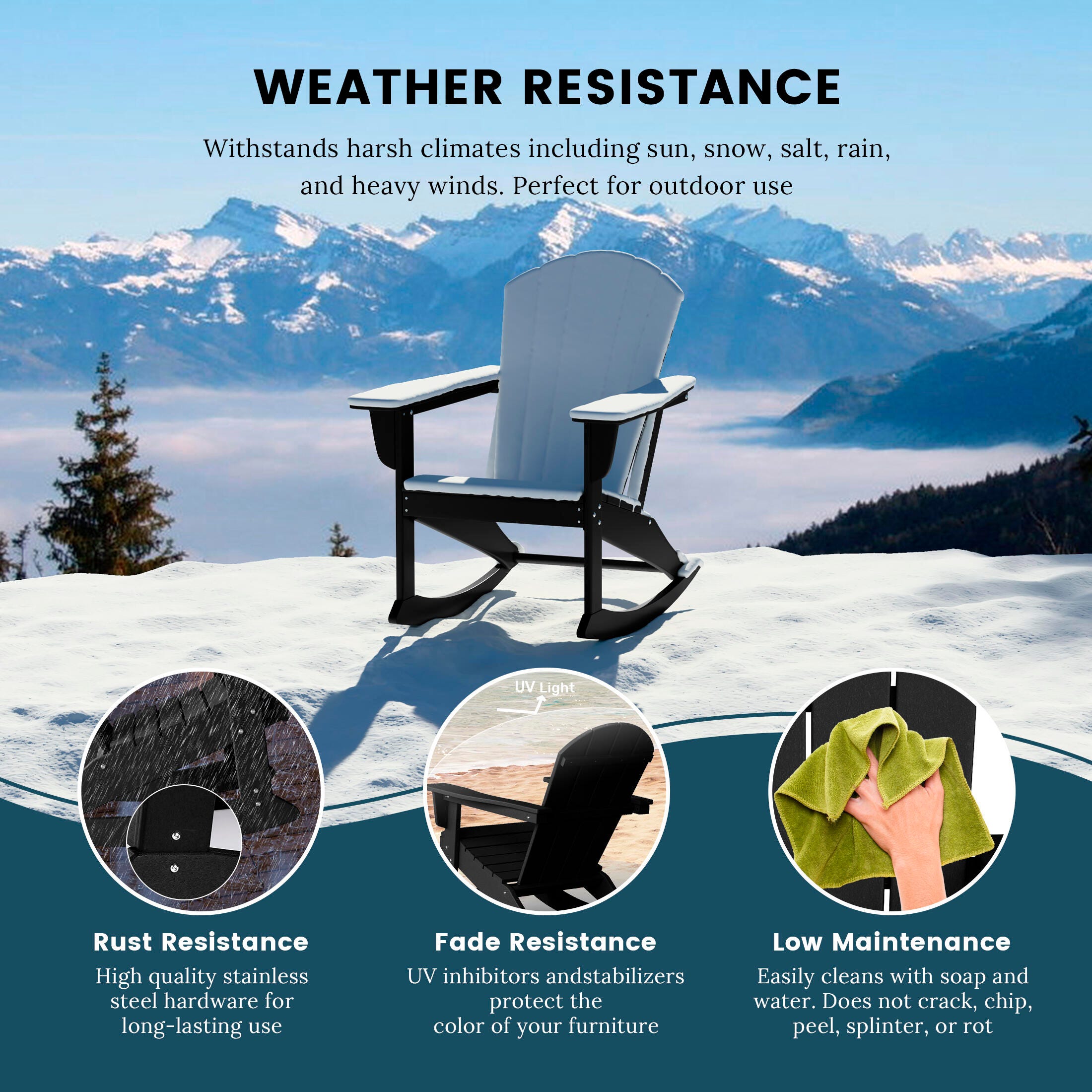 Venice Outdoor Adirondack Rocking Chair, Black, large