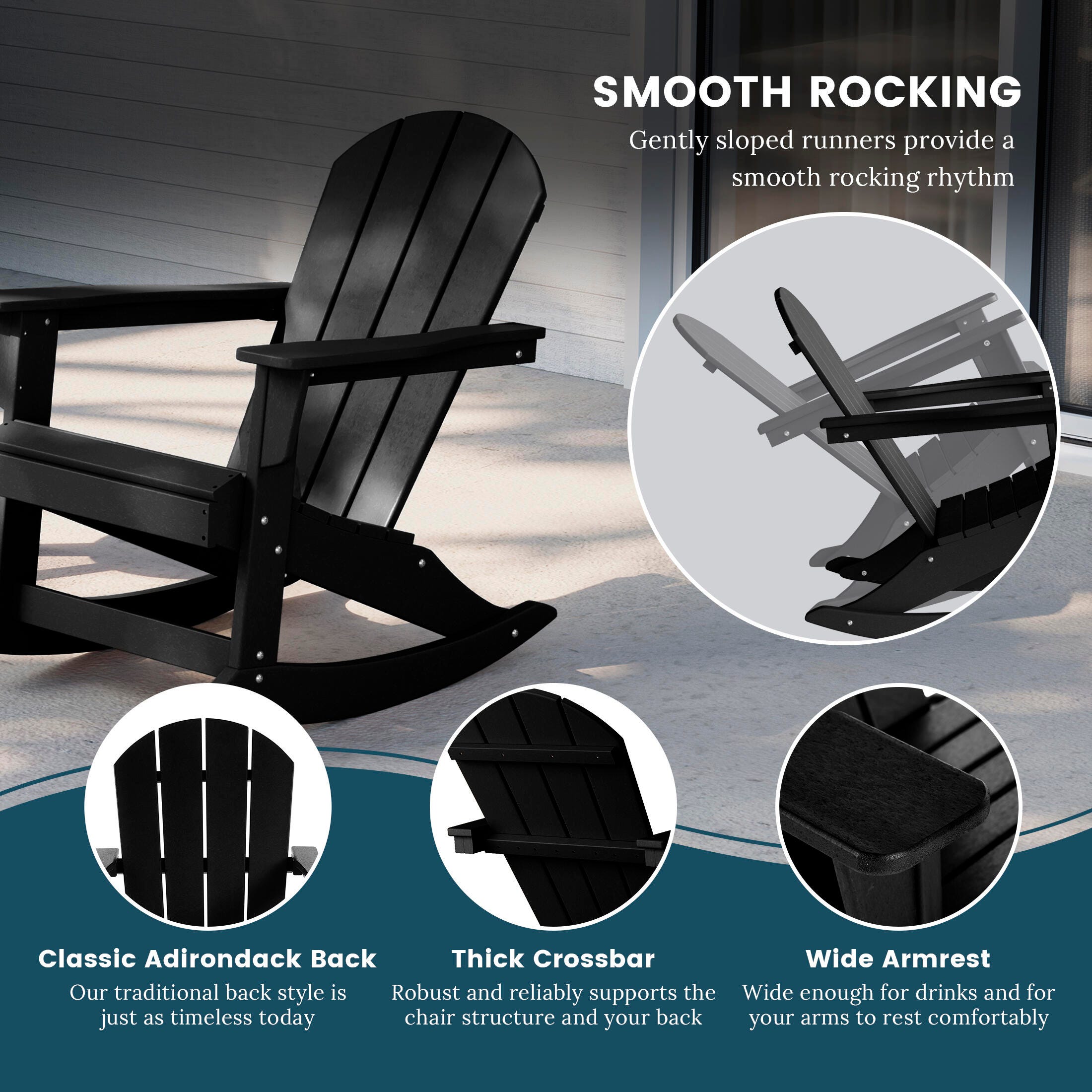 Venice Outdoor Adirondack Rocking Chair, Black, large