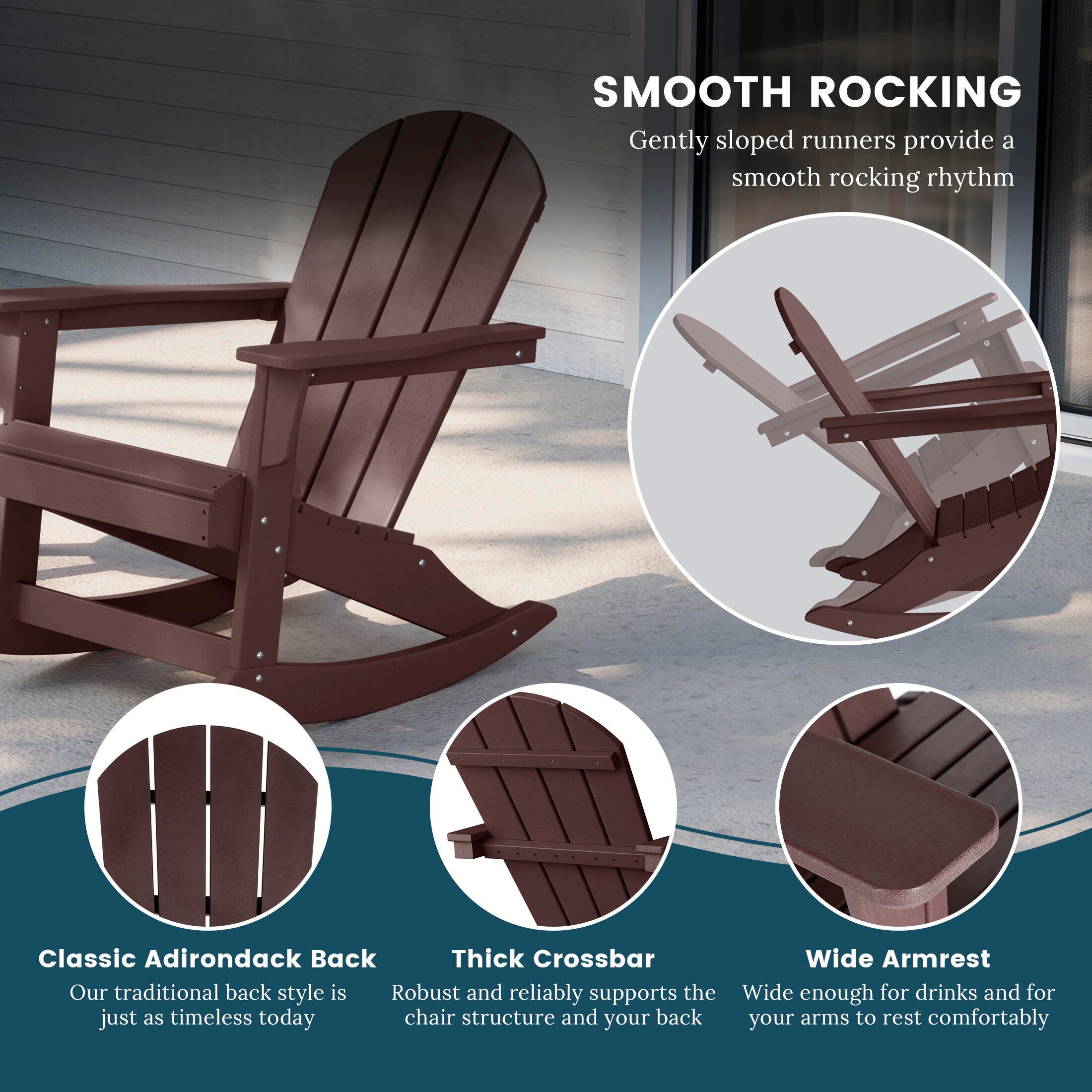 Venice Outdoor Adirondack Rocking Chair, Dark Brown, large