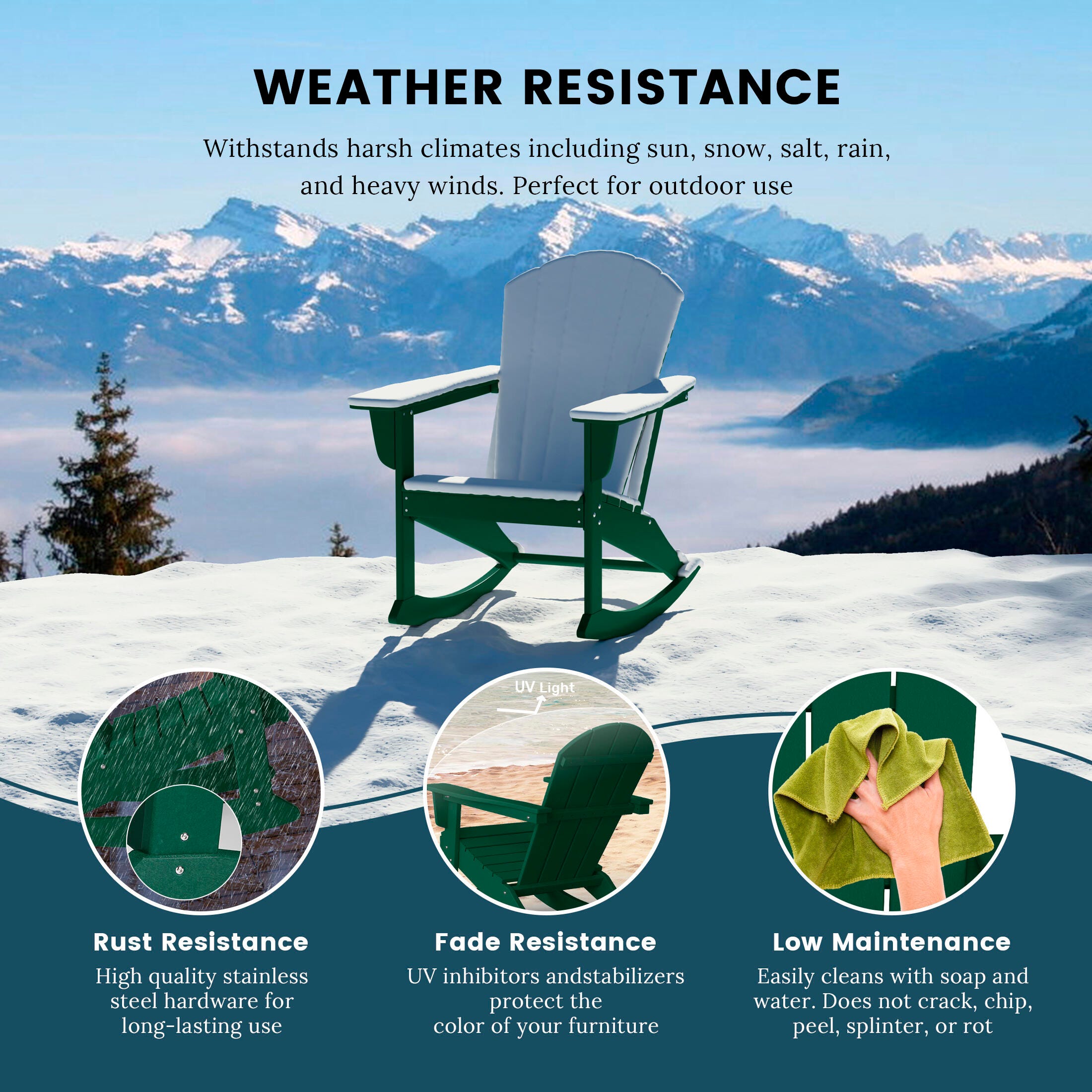 Venice Outdoor Adirondack Rocking Chair, Dark Green, large