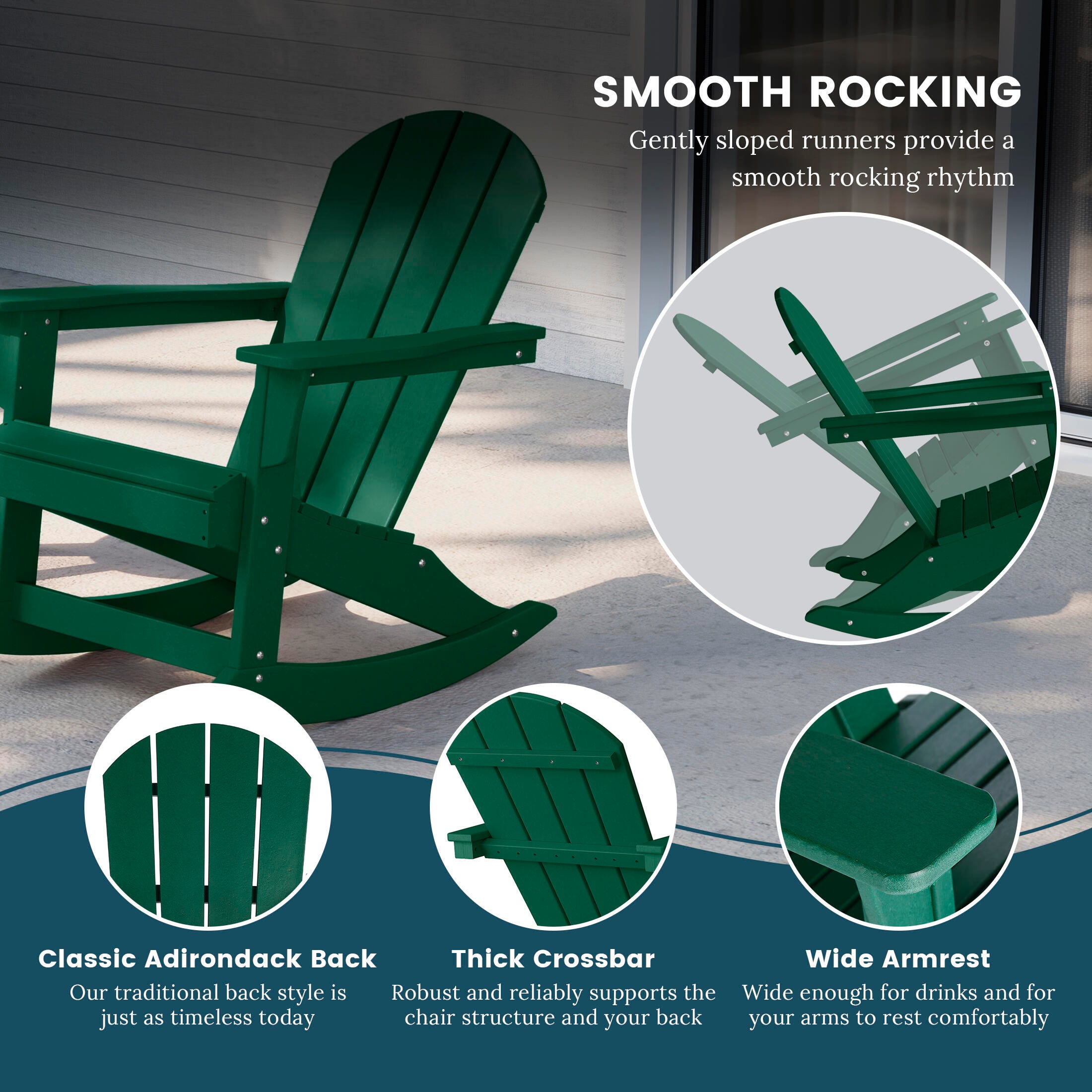 Venice Outdoor Adirondack Rocking Chair, Dark Green, large