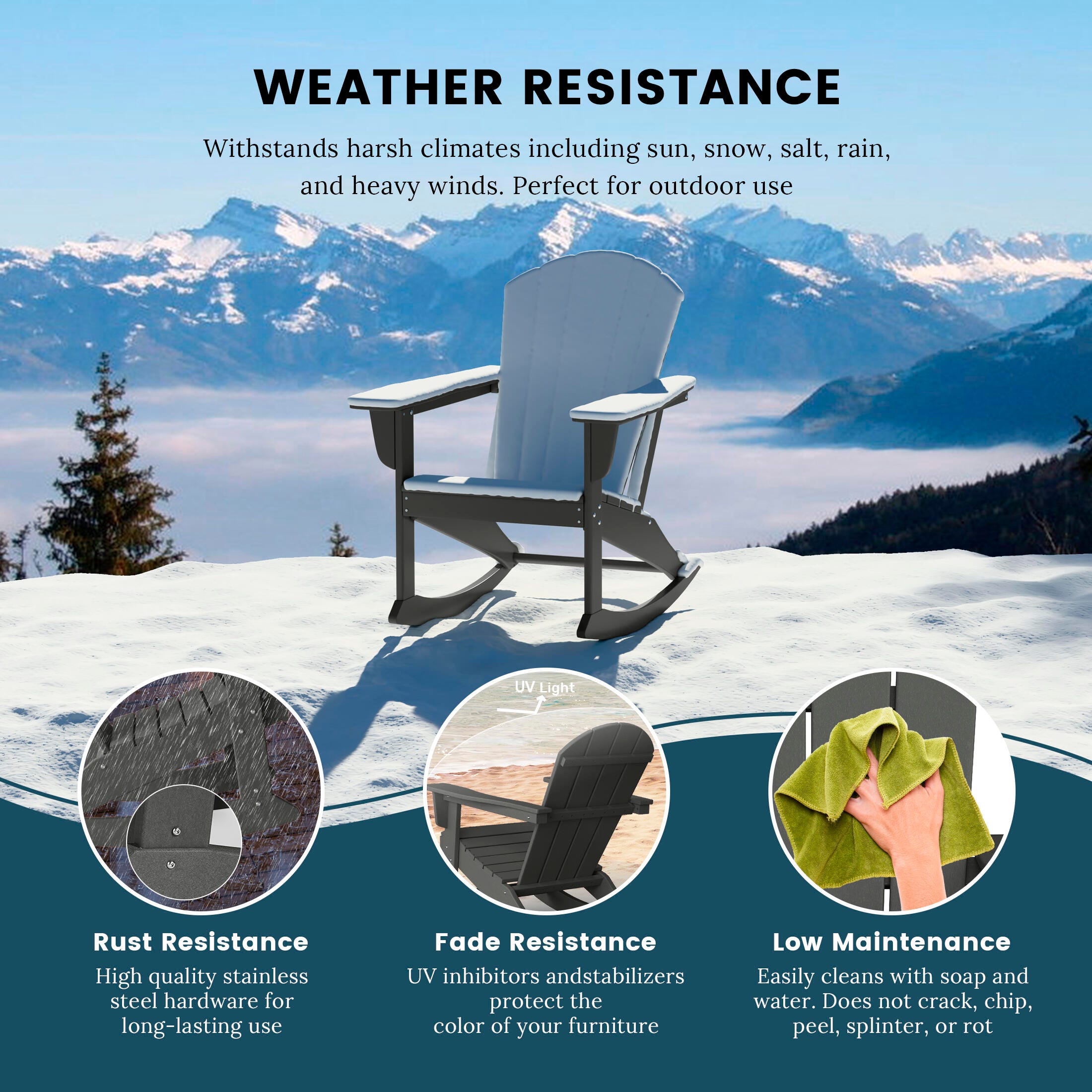Venice Outdoor Adirondack Rocking Chair, Gray, large