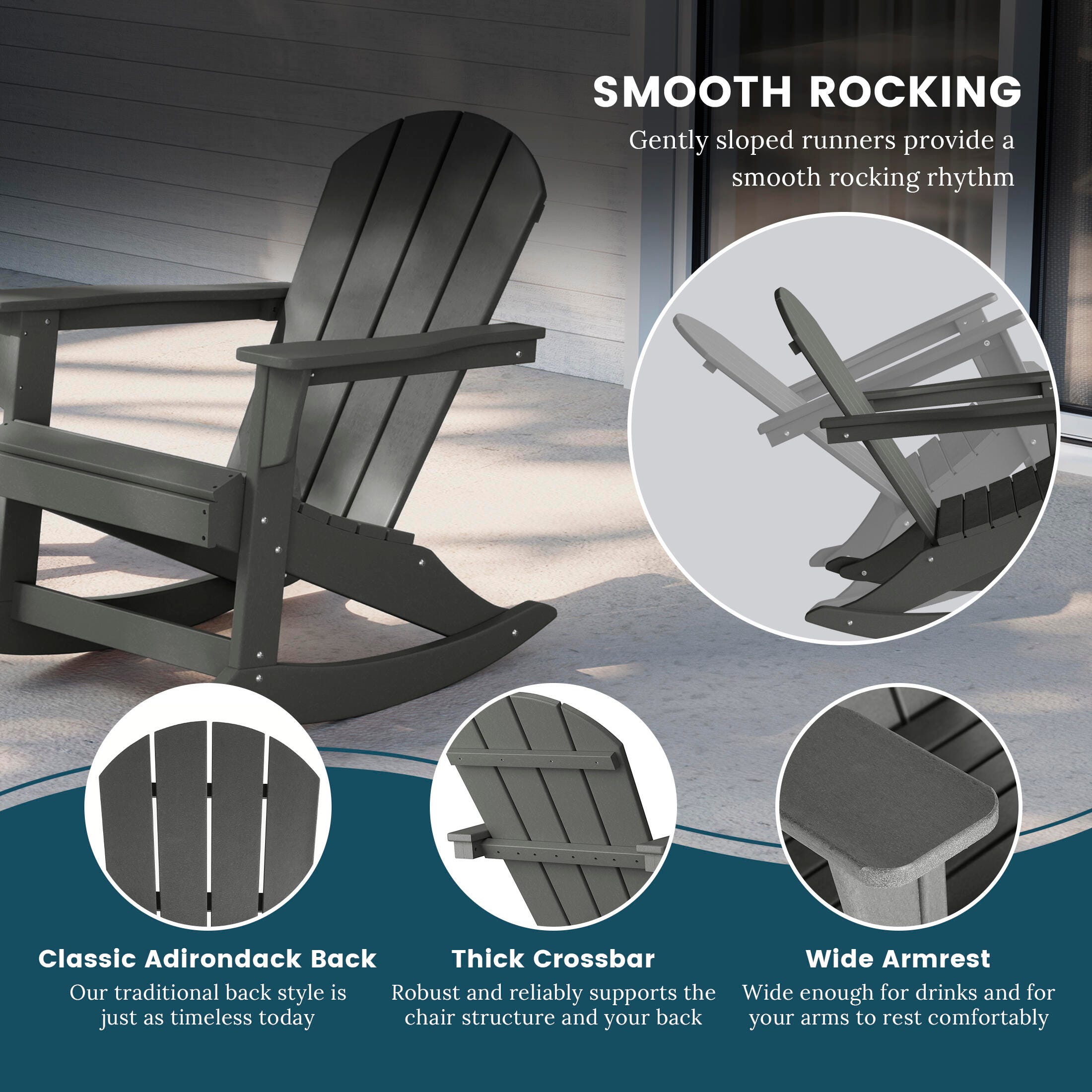 Venice Outdoor Adirondack Rocking Chair, Gray, large