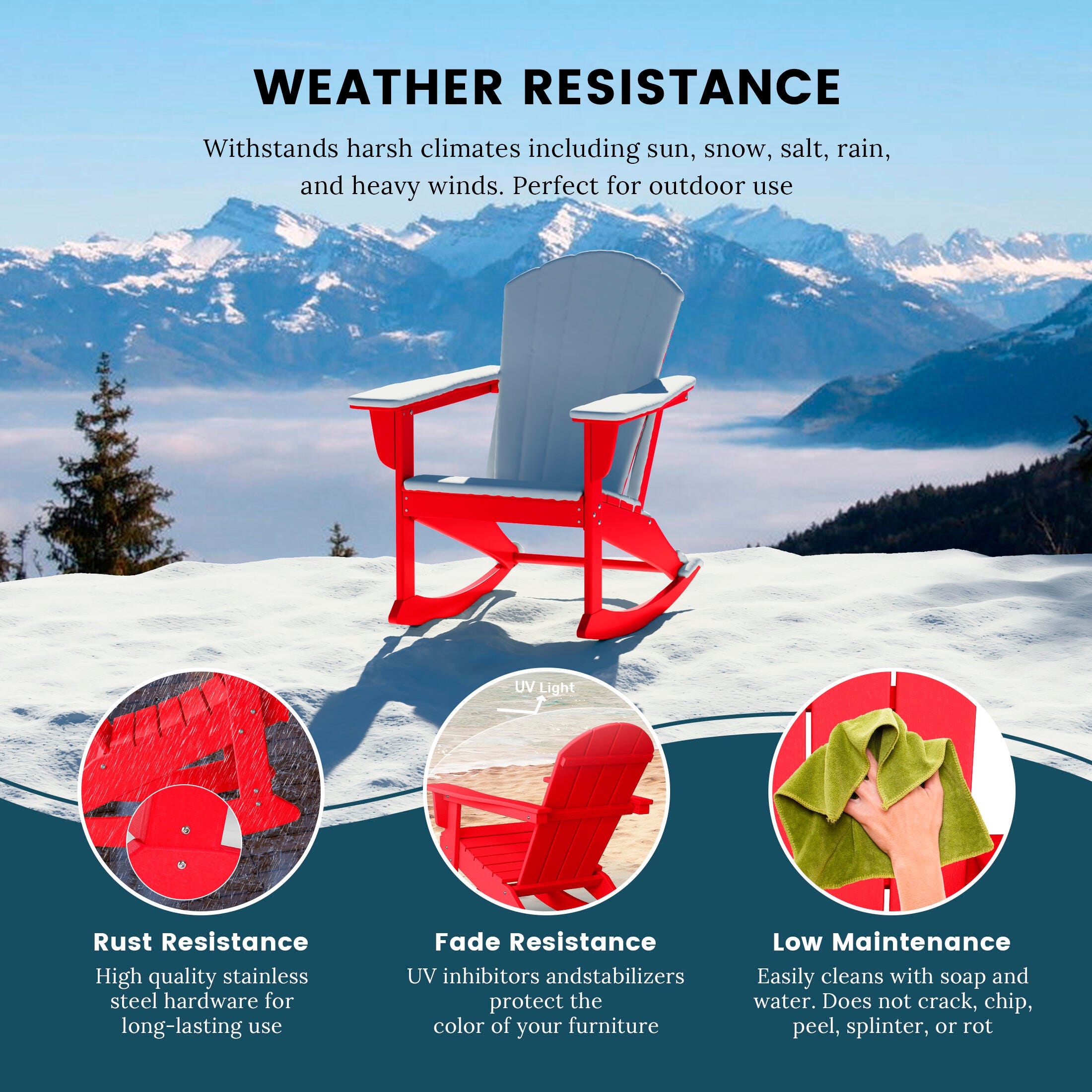 Venice Outdoor Adirondack Rocking Chair, Red, large